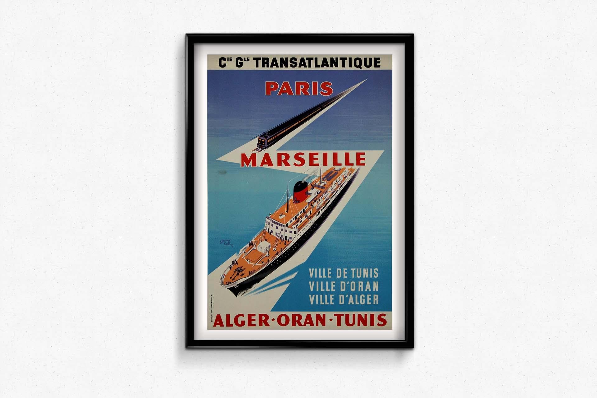Original travel poster by Edouard Collin for the Compagnie Générale Transatlantique beckons travelers to explore the enchanting destinations of Paris, Marseille, Alger, Oran, and Tunis. Crafted with vibrant colors and captivating imagery, this