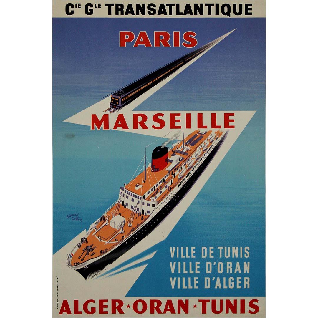 Original poster - Compagnie Générale Transatlantique Paris Marseille Alger Oran  - Print by Edouard Collin