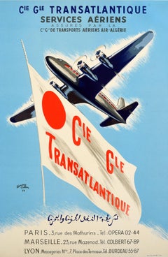 Affiche rétro originale, Cie Gle Transatlantique CGT, Transport aérien par l'Air Algérie