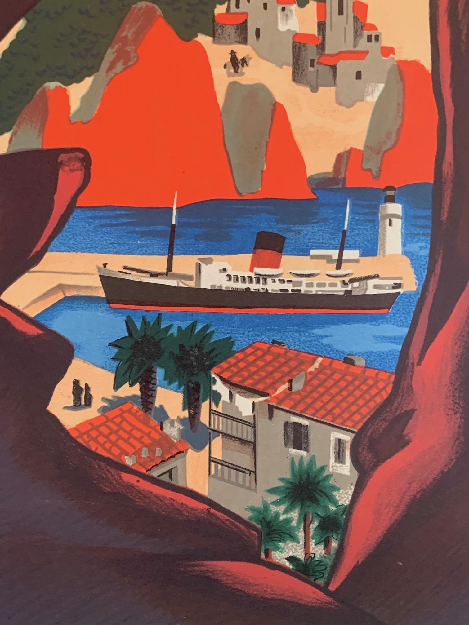 Mid-Century Modern Edouard Collin Vintage Travel Poster Transatlantique