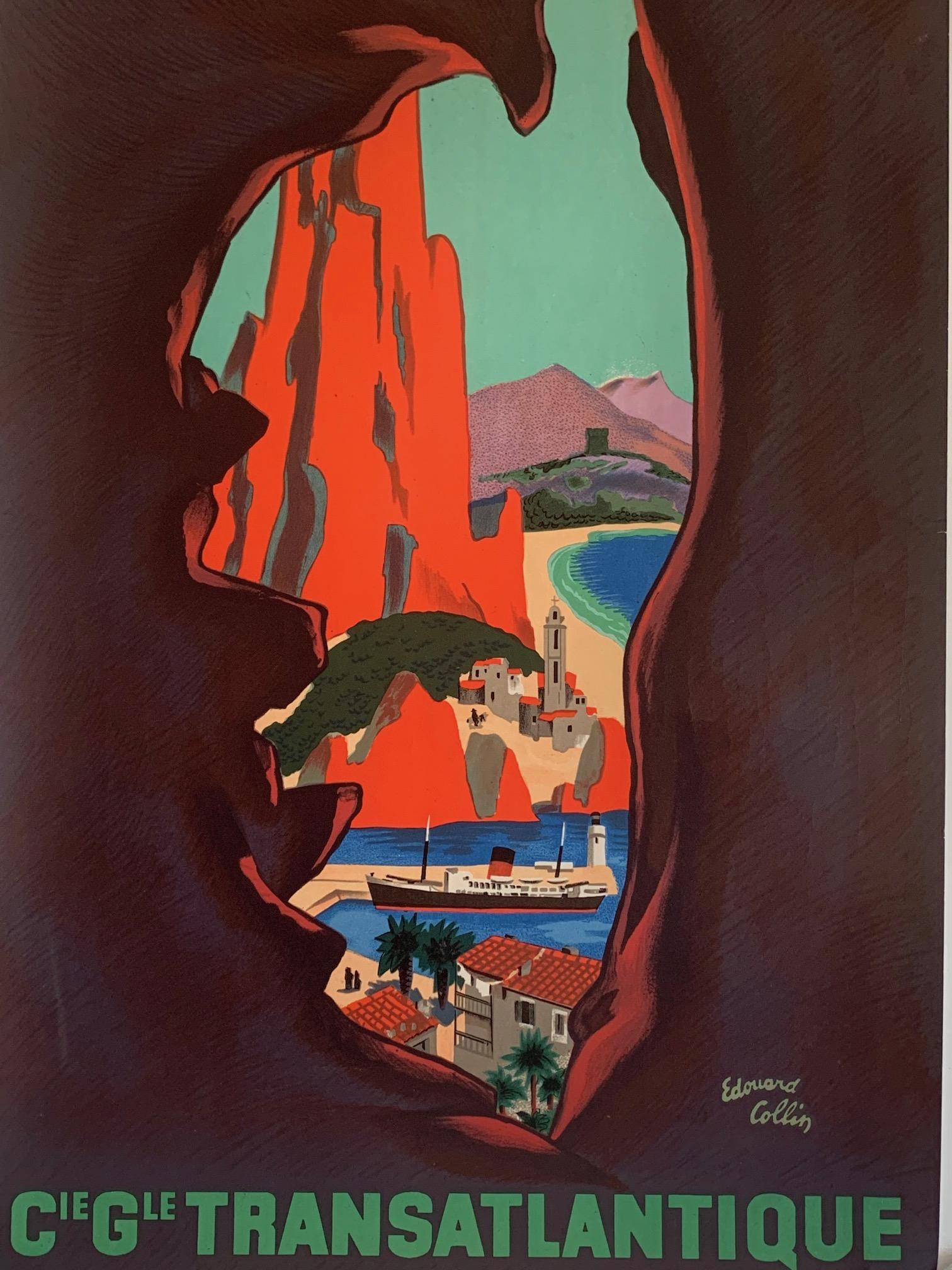 Edouard Collin Vintage Travel Poster Transatlantique In Good Condition In St.Petersburg, FL