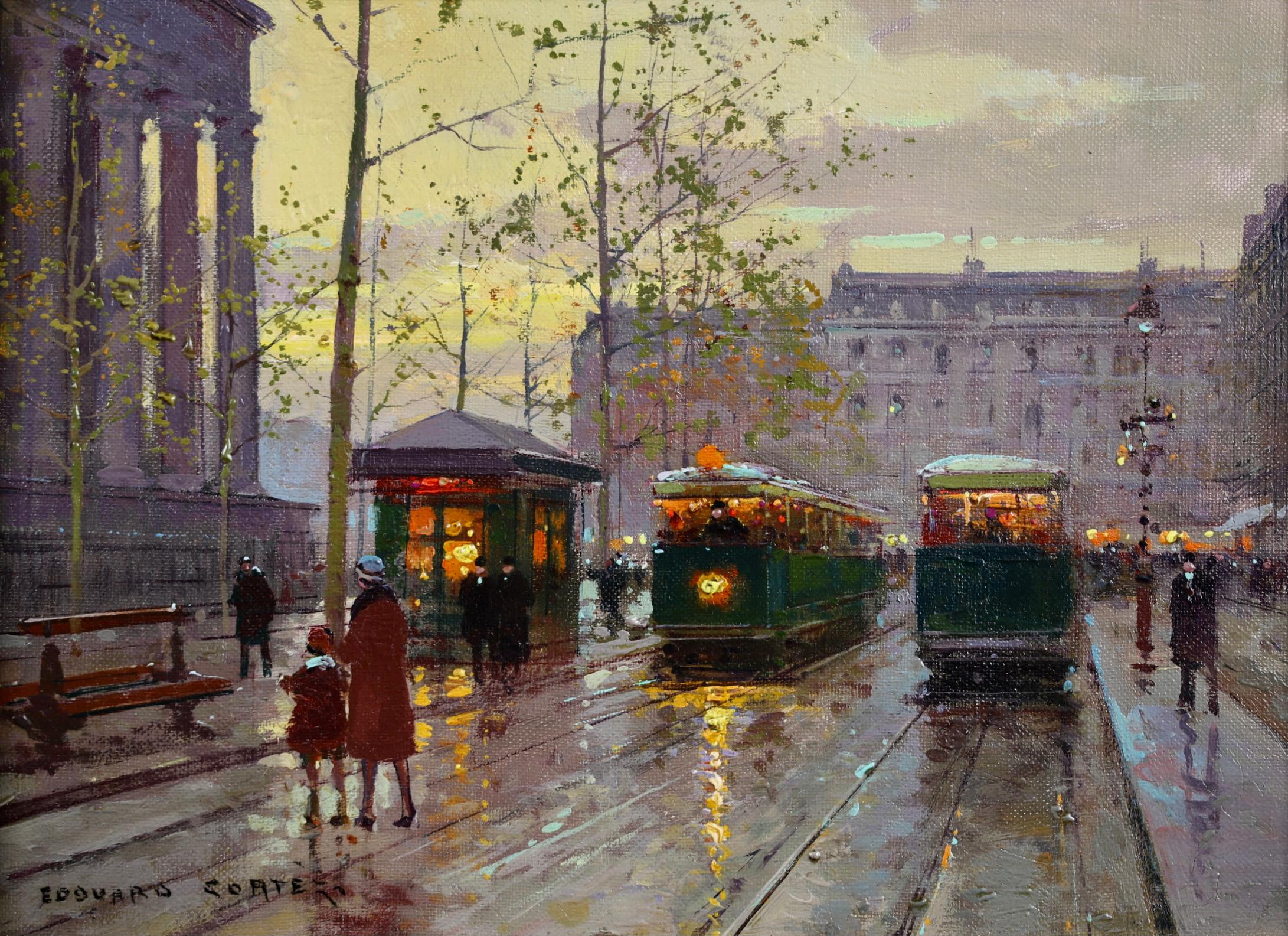 Signed oil on canvas figures in landscape circa 1930 by French impressionist painter Edouard Cortes. The work depicts a view of Paris, France on a winter's day. The light of the trams are reflecting in the wet ground.

Signature:
Signed lower