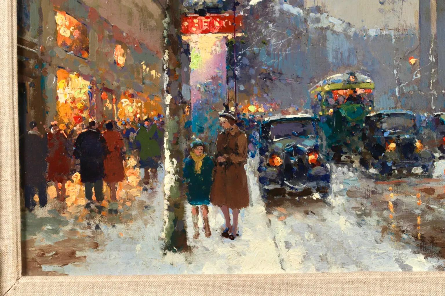 Signed figures in landscape circa 1950 by French impressionist painter Eduoard Cortes. The work depicts a view of La Madaleine, a Catholic parish church situated on Place de la Madeleine square in Paris, France. The bustling street scene set on a