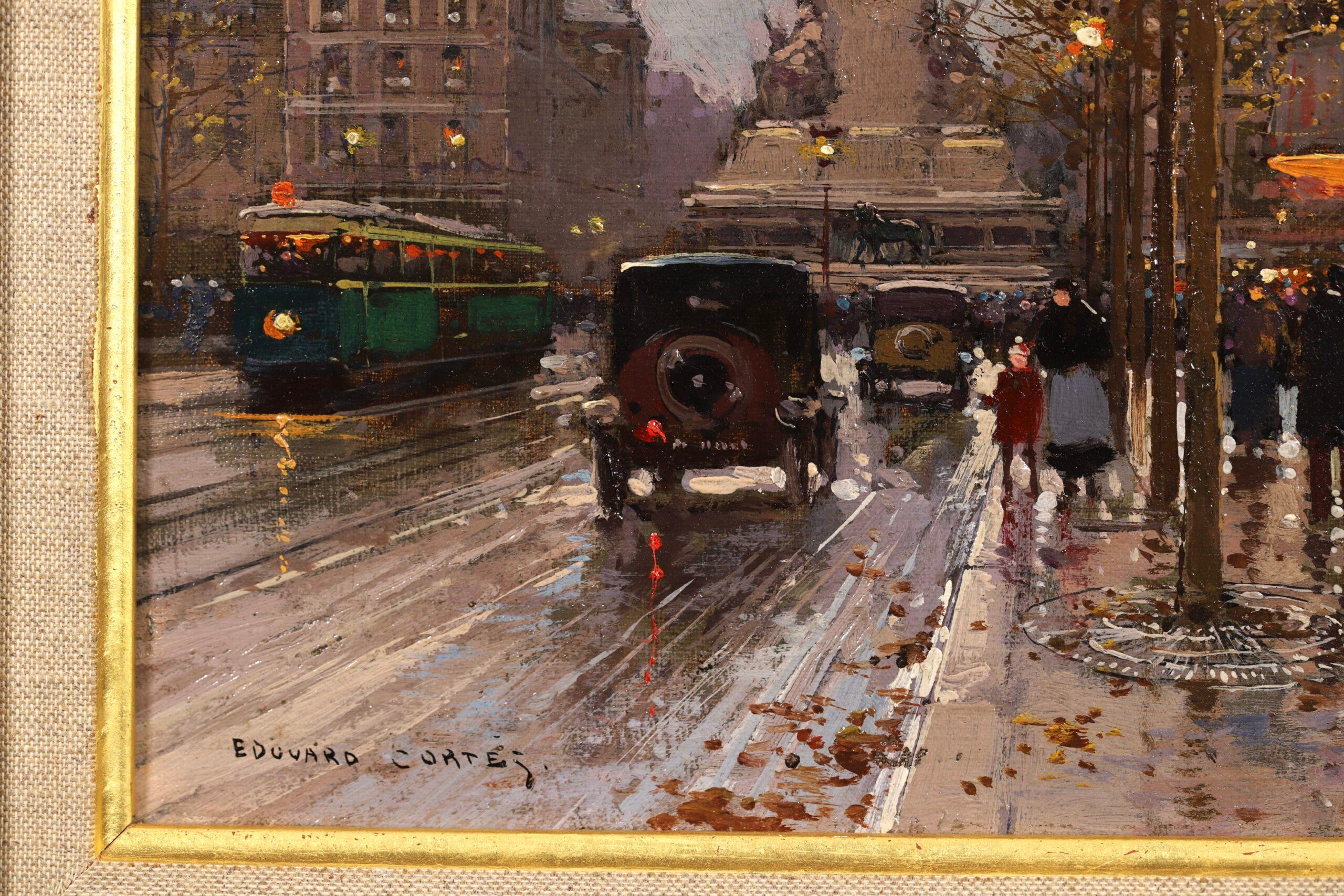 Signed impressionist oil on canvas figures in cityscape circa 1935 by sought after French painter Edouard Cortes. The work depicts an autumnal scene of the Place de la Republique square in Paris France. The the last of the leaves are falling from