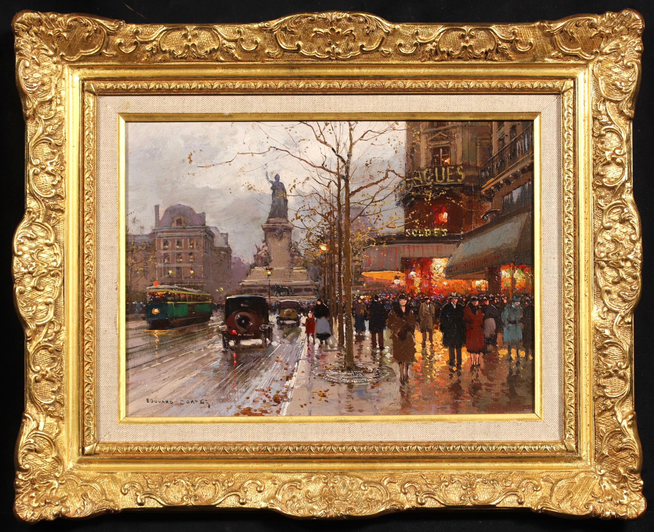  Édouard Cortès Figurative Painting - Place de la Republique - Impressionist Figures in Landscape Oil - Edouard Cortes