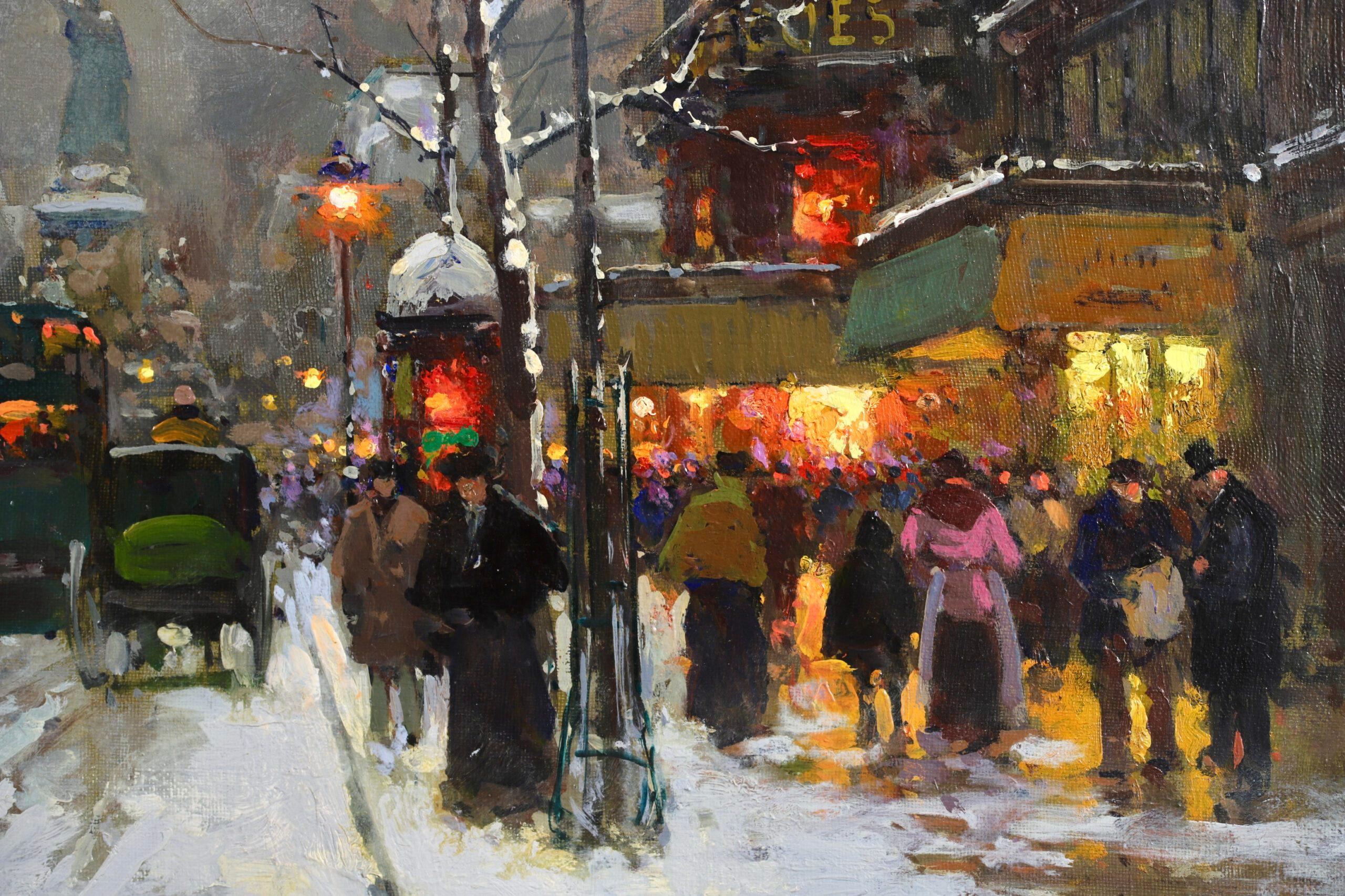Signed impressionist oil on canvas landscape circa 1950 by sought after French painter Edouard Cortes. The work depicts an evening scene of the Place de la Republique square in Paris France. The ground, bare trees and buildings are covered in a
