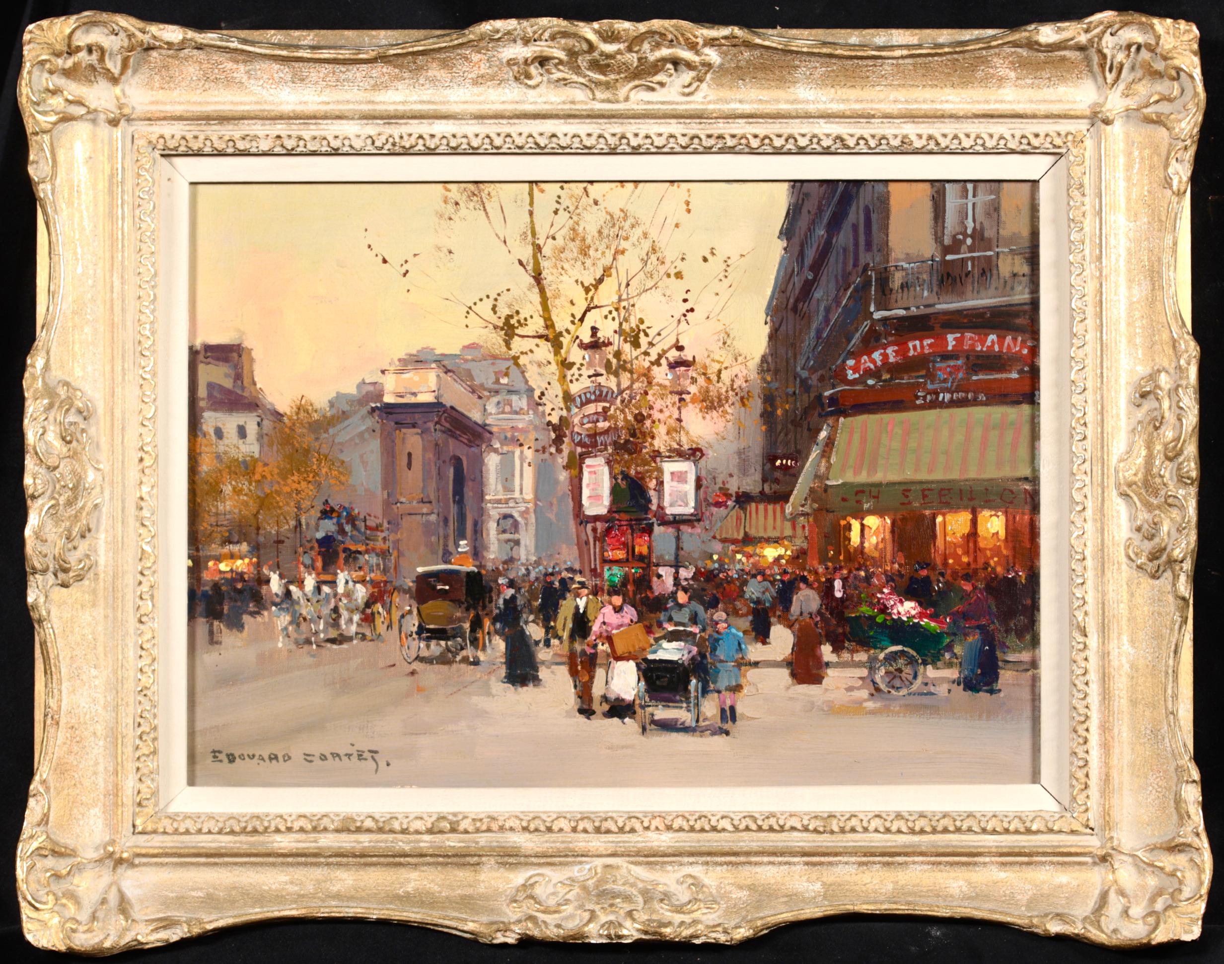 Signed figures in landscape circa 1940 by French impressionist painter Eduoard Cortes. The work depicts a view of the Porte de Saint-Martin monument in Paris, France. The bustling street scene is set as the sun starts to set. Horse and carriages can