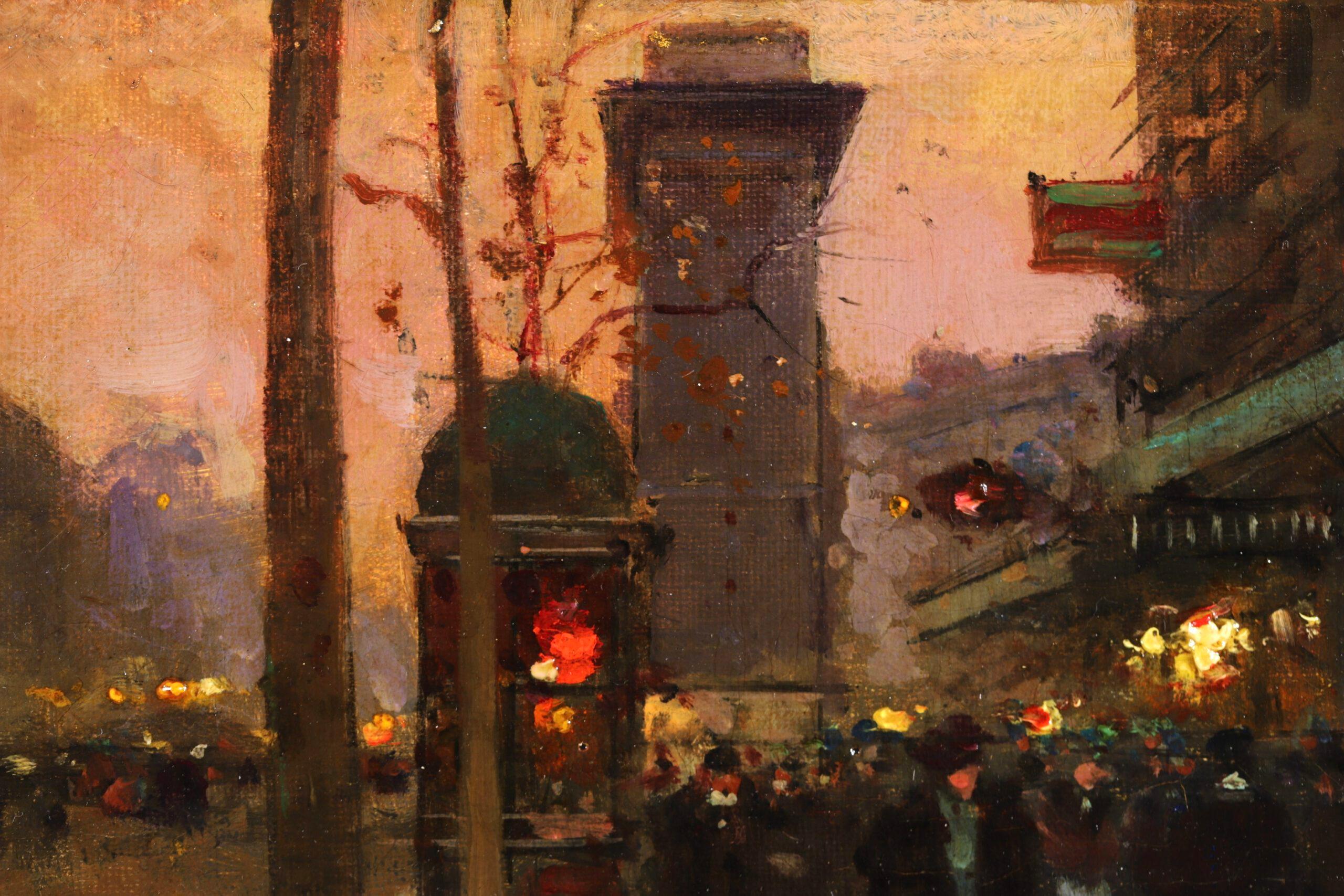 Signed impressionist oil on canvas figures in landscape circa 1915 by sought after French painter Edouard Cortes. The work depicts a bustling evening street scene in Paris, France. In the distance the Porte Saint Denis can be seen. Porte Saint-Denis
