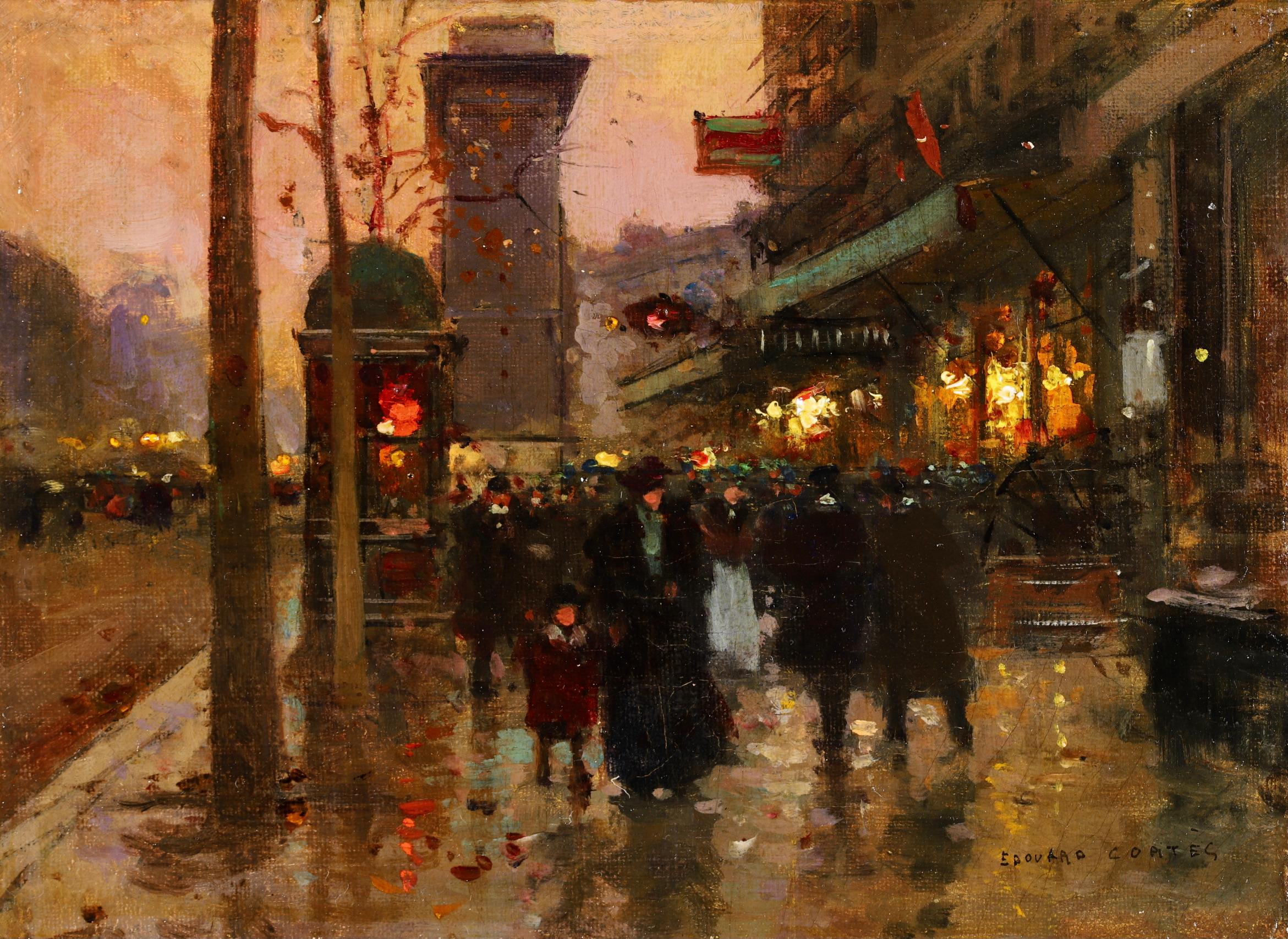  Édouard Cortès Landscape Painting - Porte Saint Denis - Le Soir - Impressionist Landscape Oil by Edouard Cortes