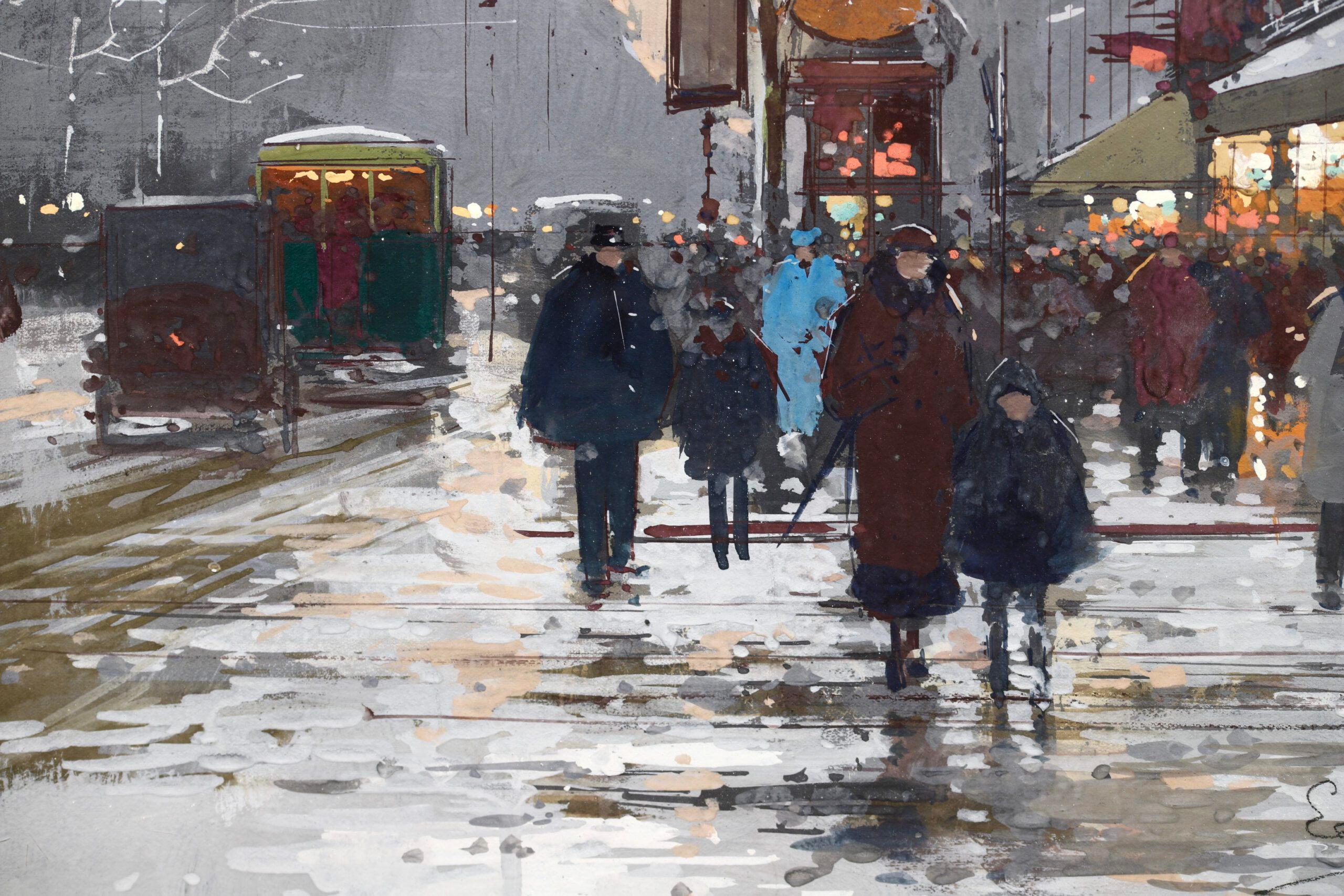 Winter - Porte St Denis - Impressionist Cityscape Painting by Edouard Cortes For Sale 7