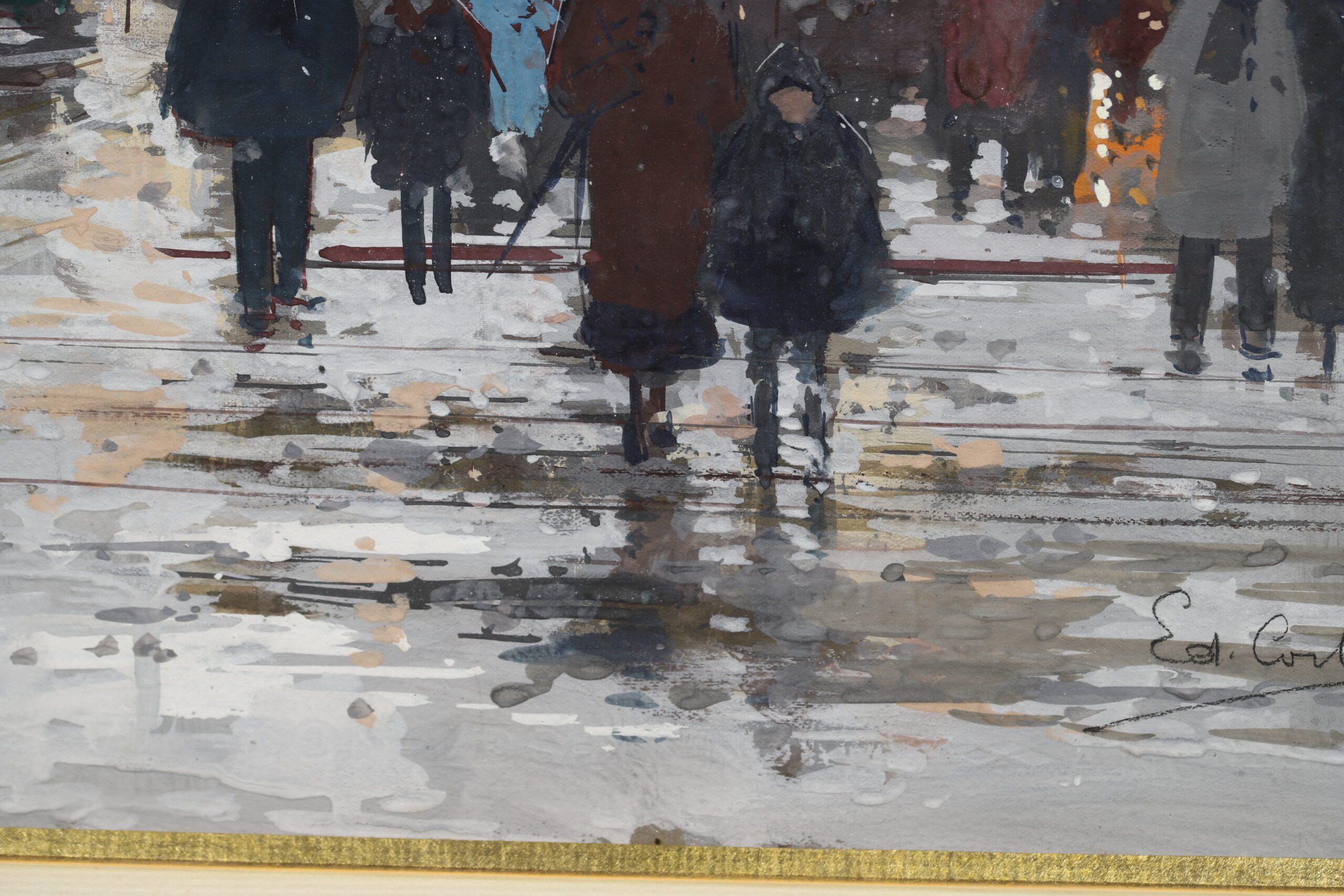 Winter - Porte St Denis - Impressionist Cityscape Painting by Edouard Cortes For Sale 14