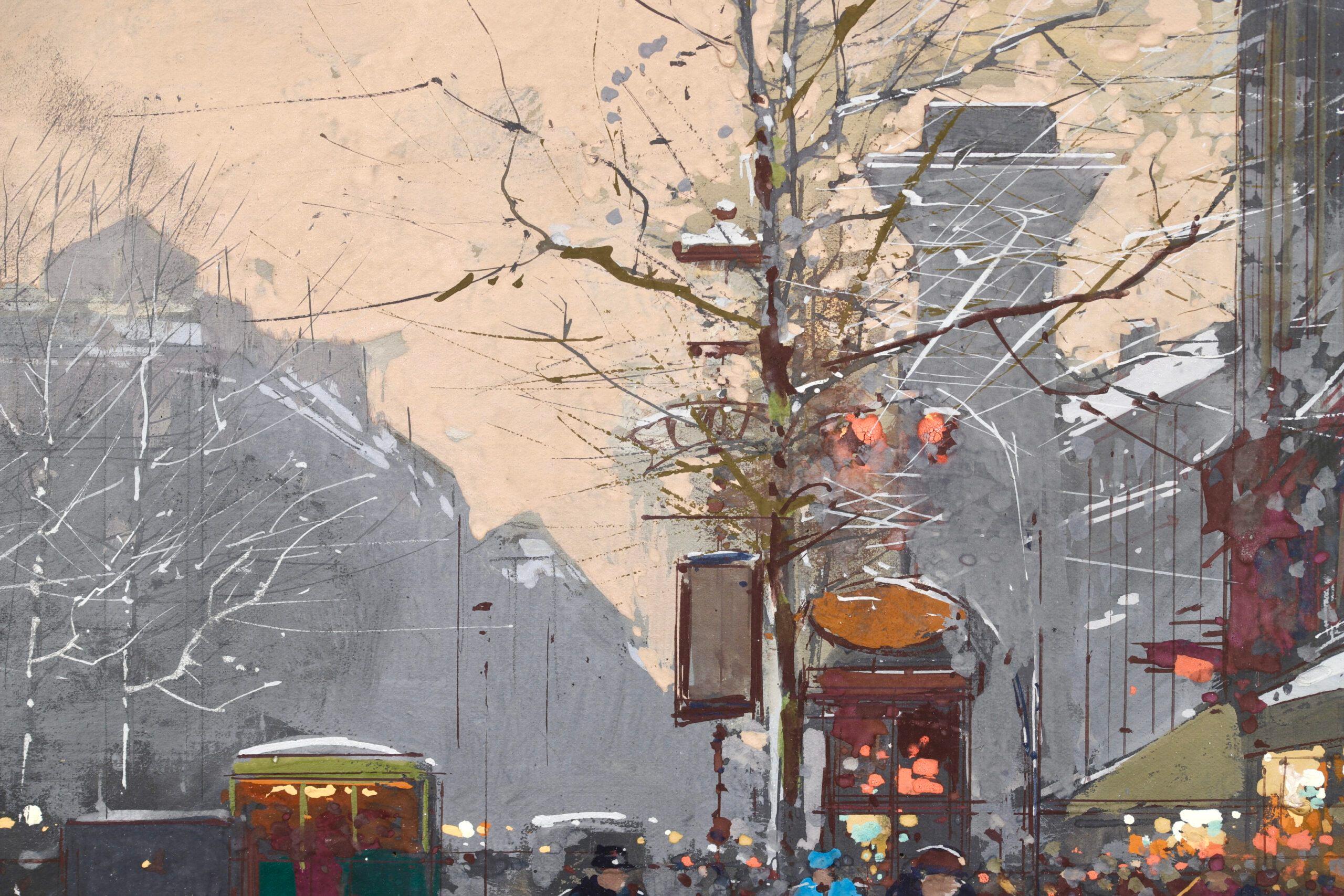 Signierte Gouache auf Karton Figuren in Landschaft um 1920 von Französisch impressionistischen Maler Eduoard Cortes. Das Werk zeigt eine Ansicht von Paris, Frankreich, im Winter. Die Straßen sind erfüllt vom geschäftigen Treiben der Stadtbewohner,