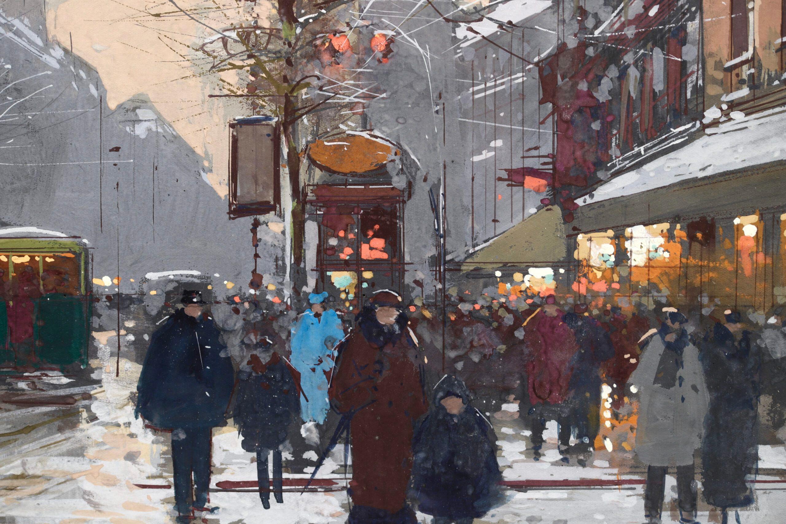 Winter - Porte St Denis - Impressionist Cityscape Painting by Edouard Cortes For Sale 1