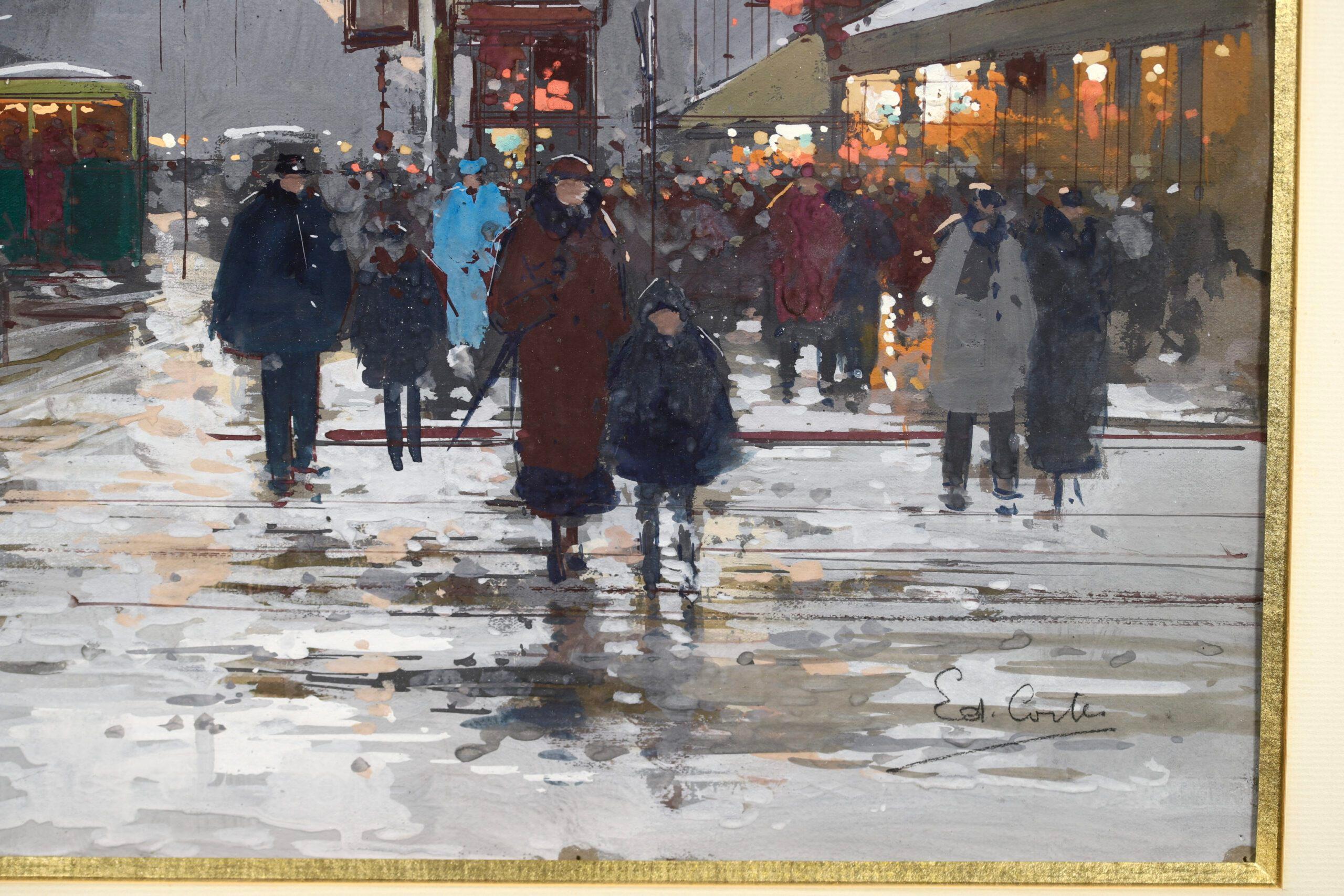 Winter - Porte St Denis - Impressionist Cityscape Painting by Edouard Cortes 3