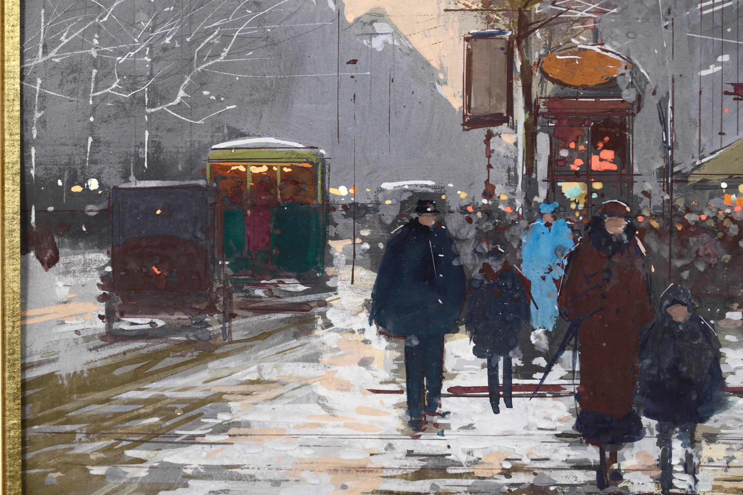 Winter - Porte St Denis - Impressionist Cityscape Painting by Edouard Cortes For Sale 4