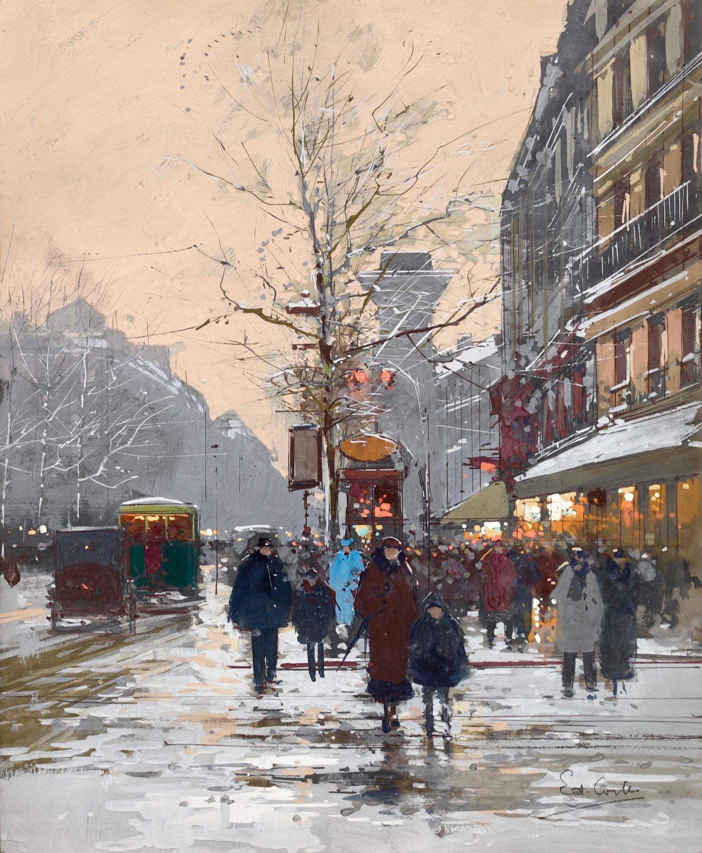  Édouard Cortès Landscape Painting - Winter - Porte St Denis - Impressionist Cityscape Painting by Edouard Cortes