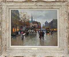 "Place Saint Michel, Paris", Edouard Cortes, Oil on Canvas, French Impressionism
