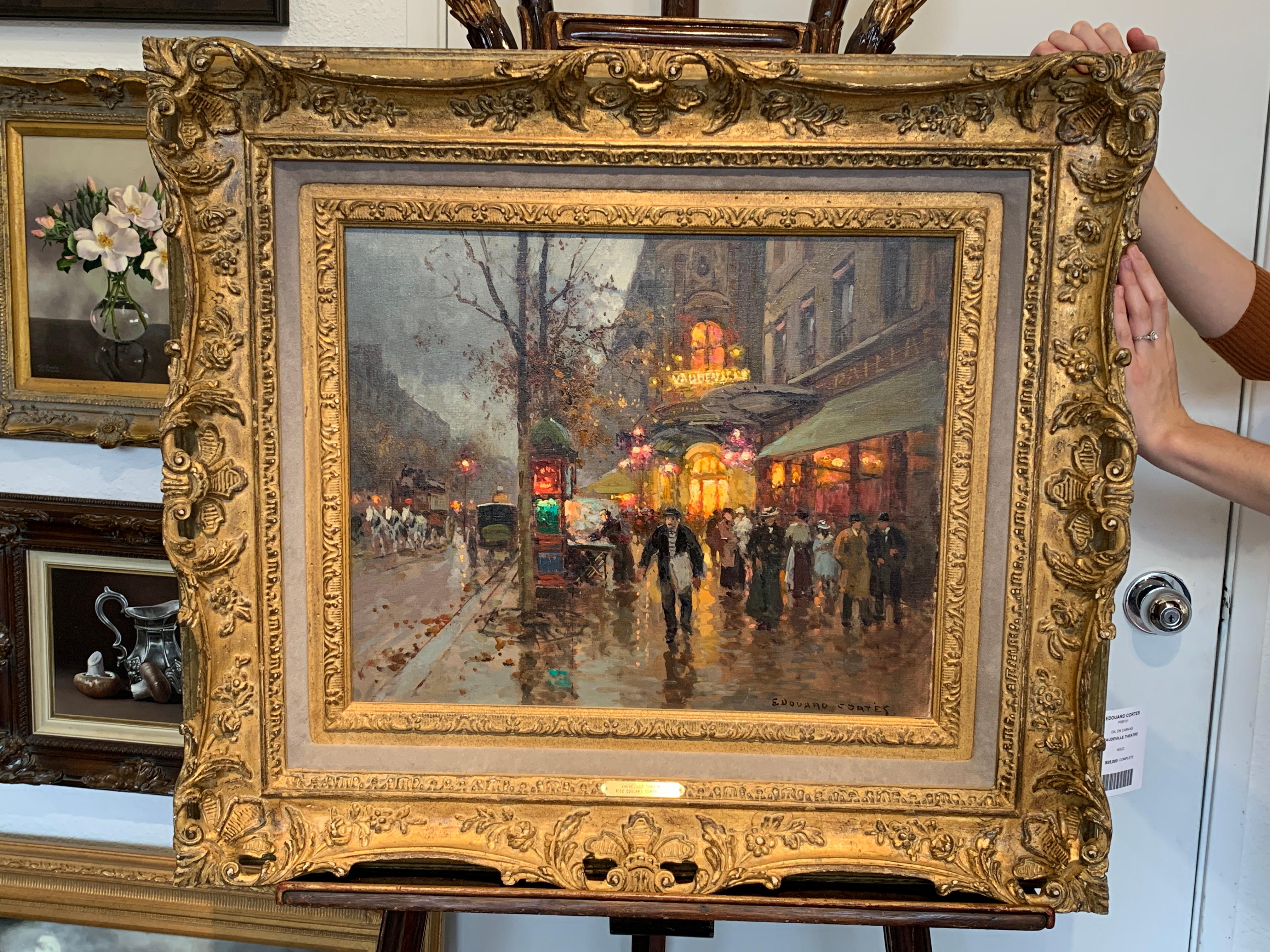 « Théâtre du Vaudeville », Edouard Cortes, 18x22, huile/toile, impressionnisme français - Post-impressionnisme Painting par Édouard Cortès