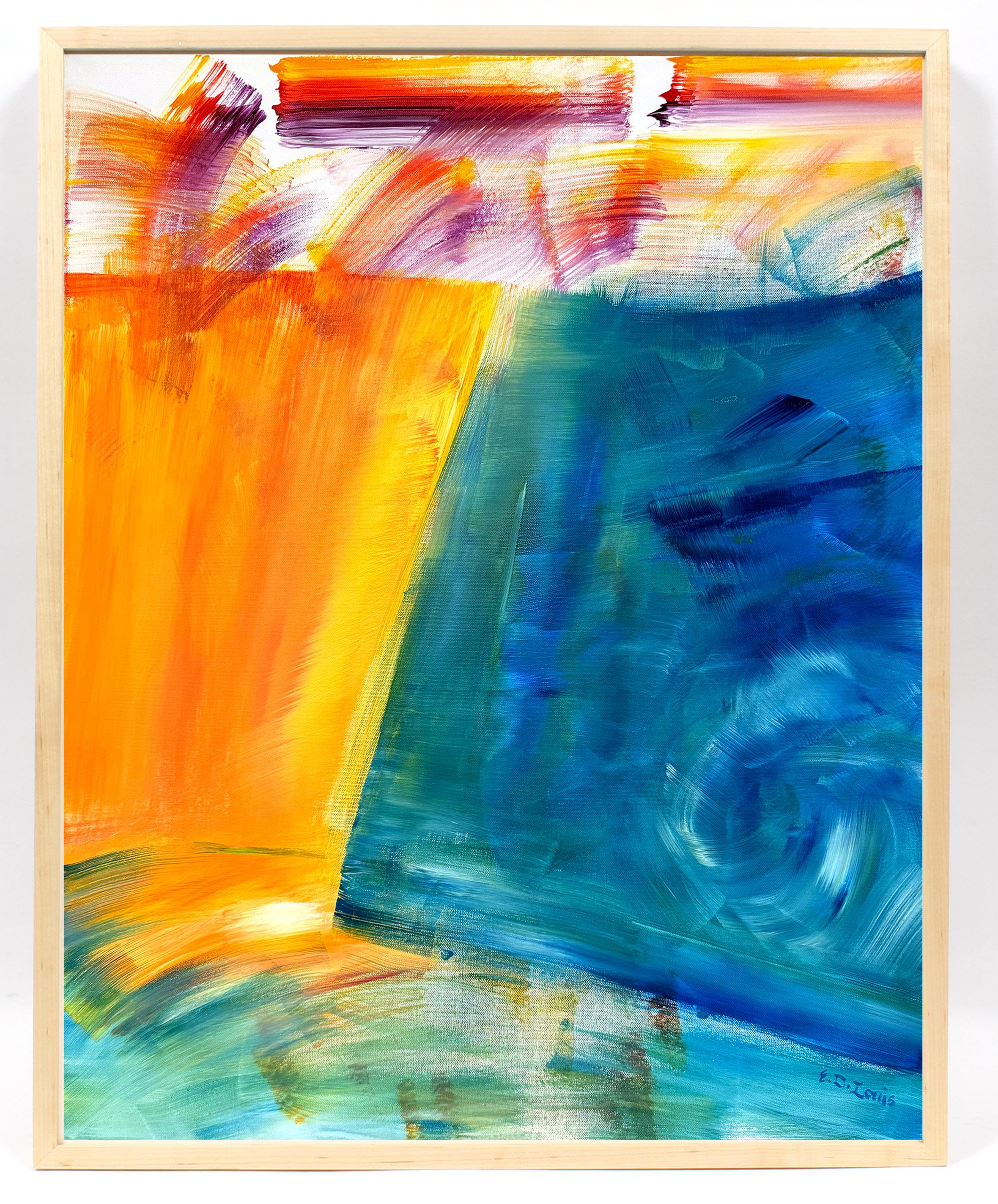 Farbfeld moderne zeitgenössische Malerei Leinwand gerahmt blau orange türkis – Painting von Edouard D. Louis