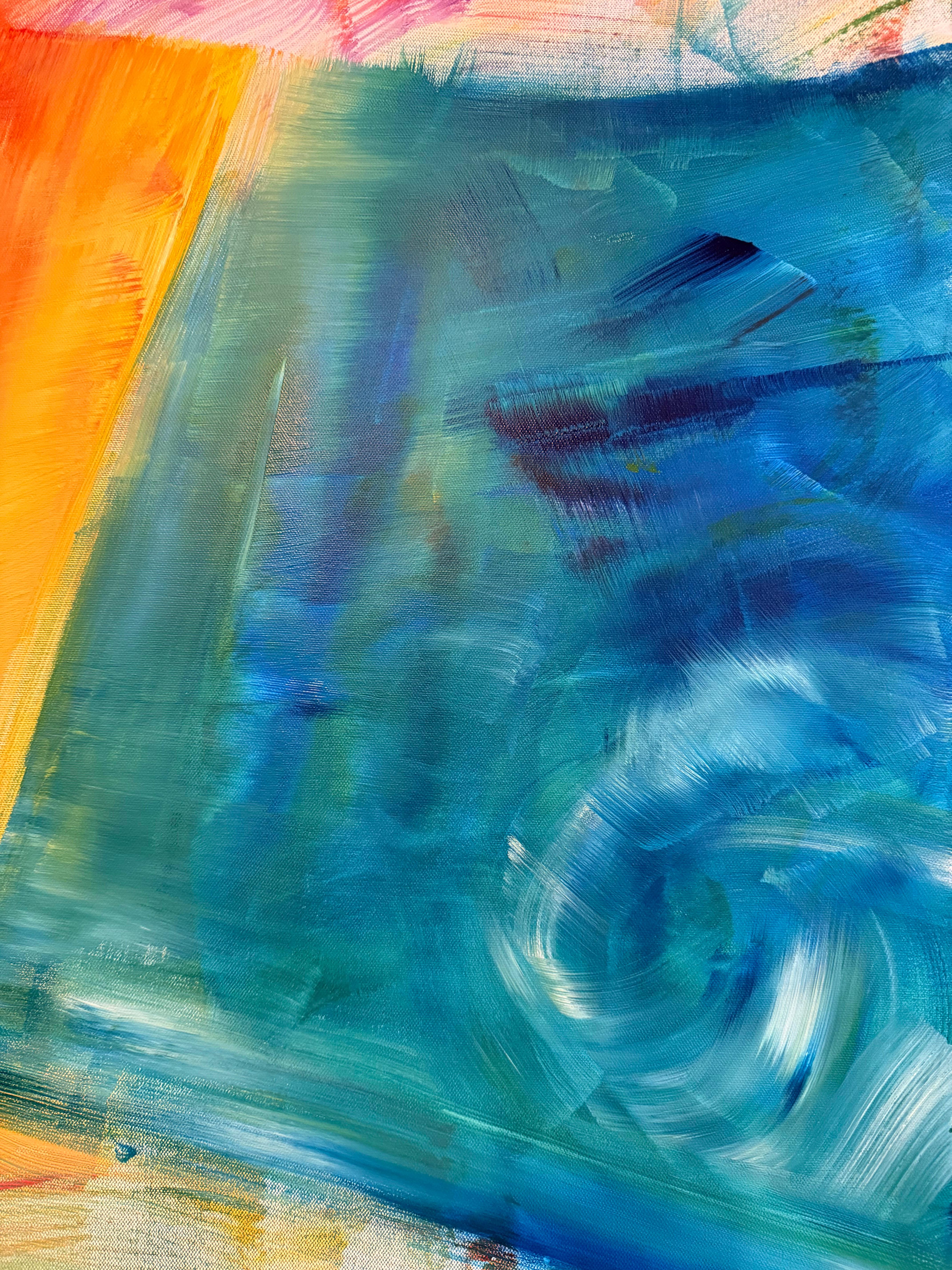 Farbfeld moderne zeitgenössische Malerei Leinwand gerahmt blau orange türkis (Orange), Abstract Painting, von Edouard D. Louis