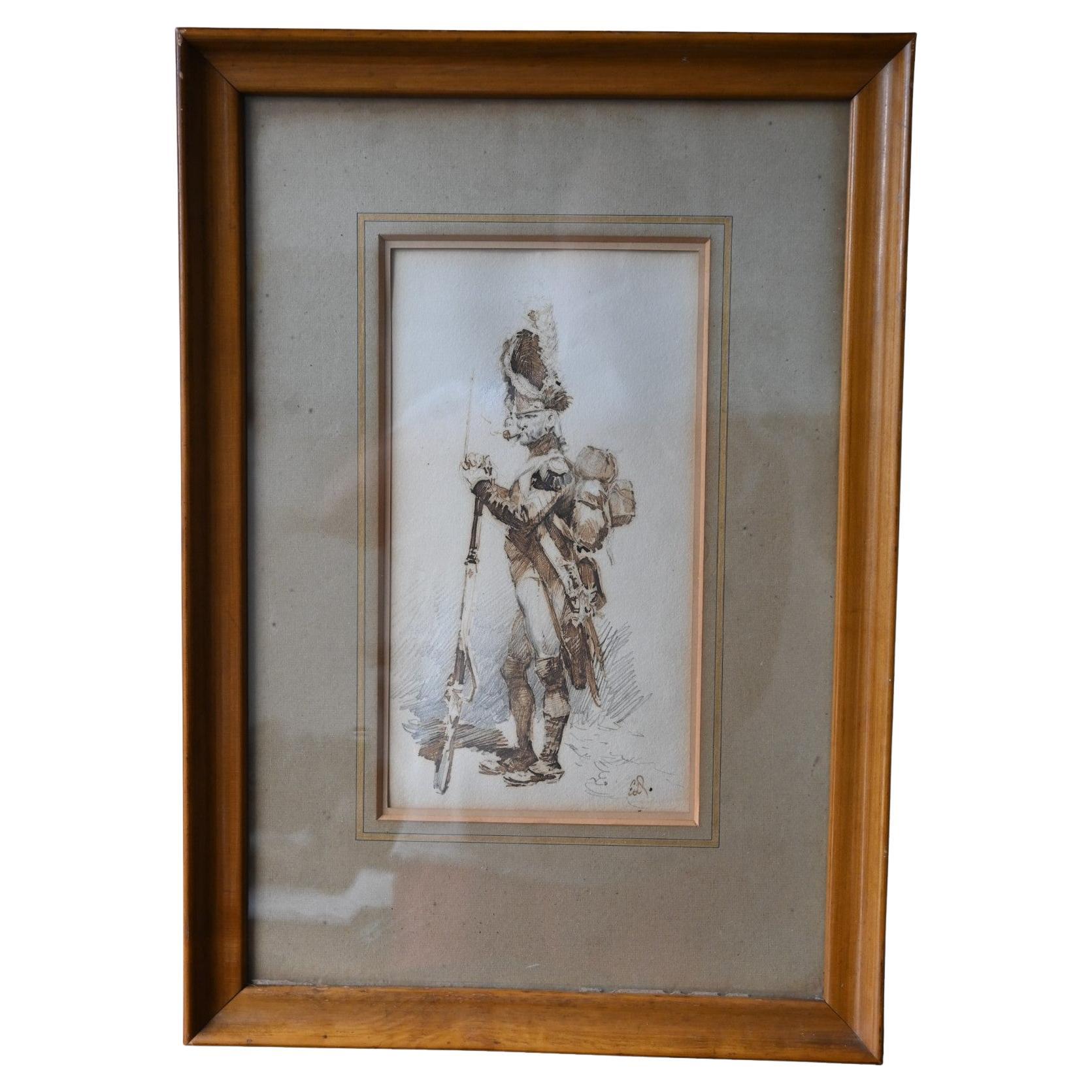 Edouard Detaille (1848-1912) Drawing, Officer Of The  Grenadiers  Imperial Guard For Sale