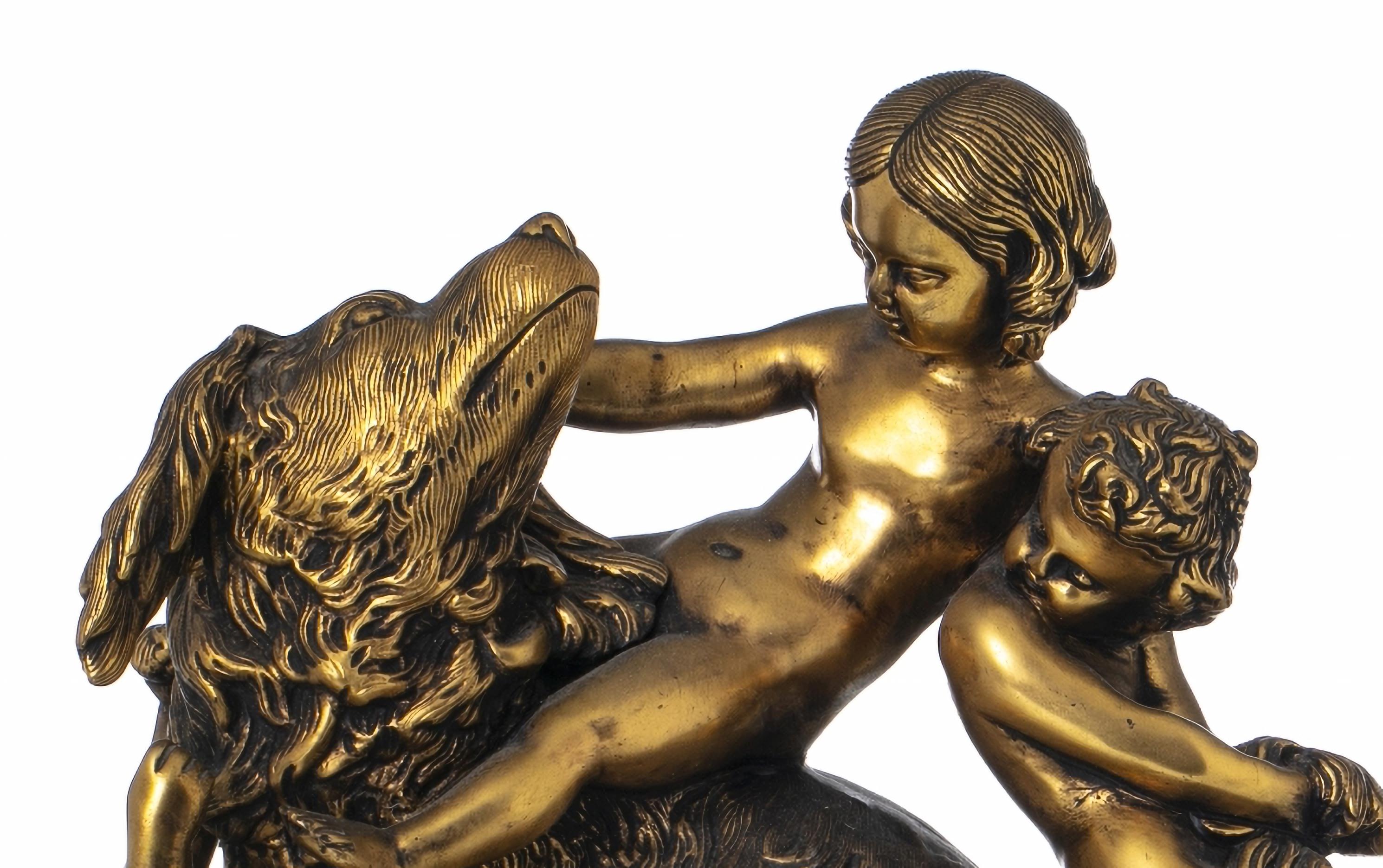 French EDOUARD DROUOT (1859-1945)  Sculptural Group in Gilded Bronze Signed For Sale