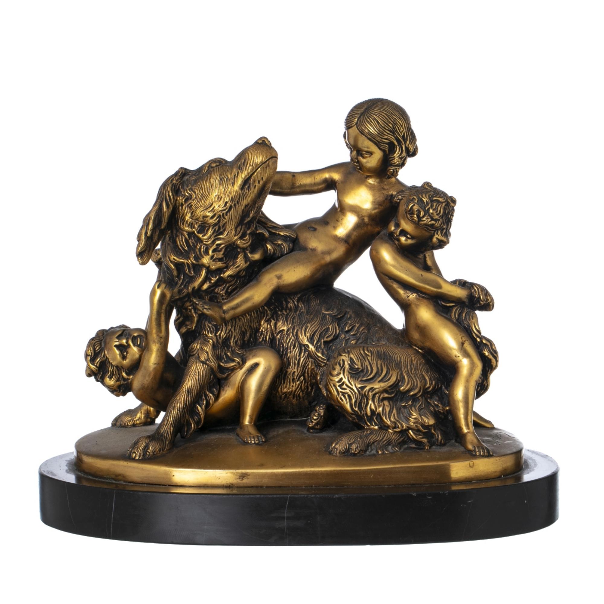 Hand-Crafted EDOUARD DROUOT (1859-1945)  Sculptural Group in Gilded Bronze Signed For Sale