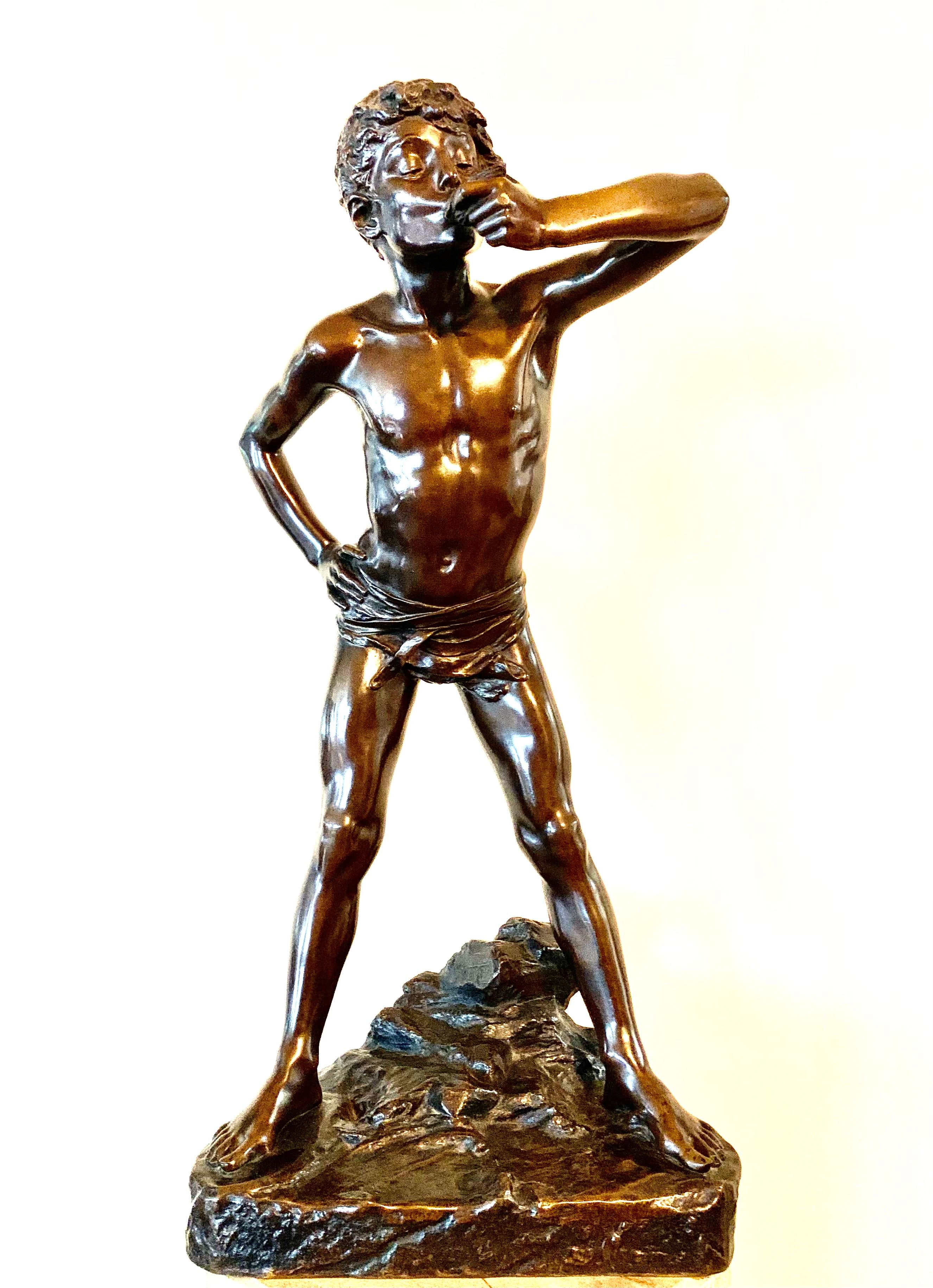 Romantic Edouard Drouot Antique Large Patinated Bronze Sculpture of Boy Eating an Oyster For Sale