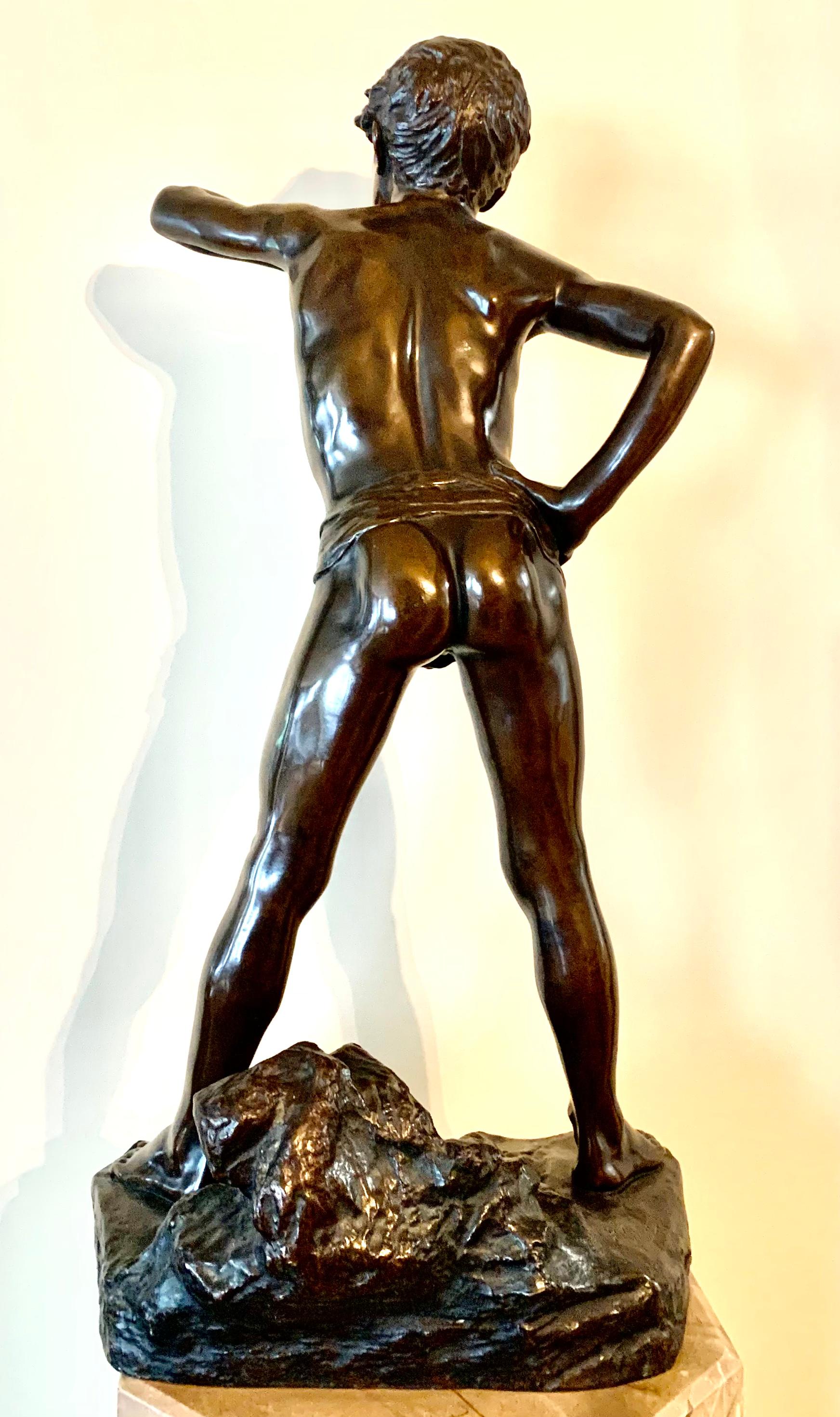 Edouard Drouot Antique Large Patinated Bronze Sculpture of Boy Eating an Oyster In Good Condition For Sale In New York, NY