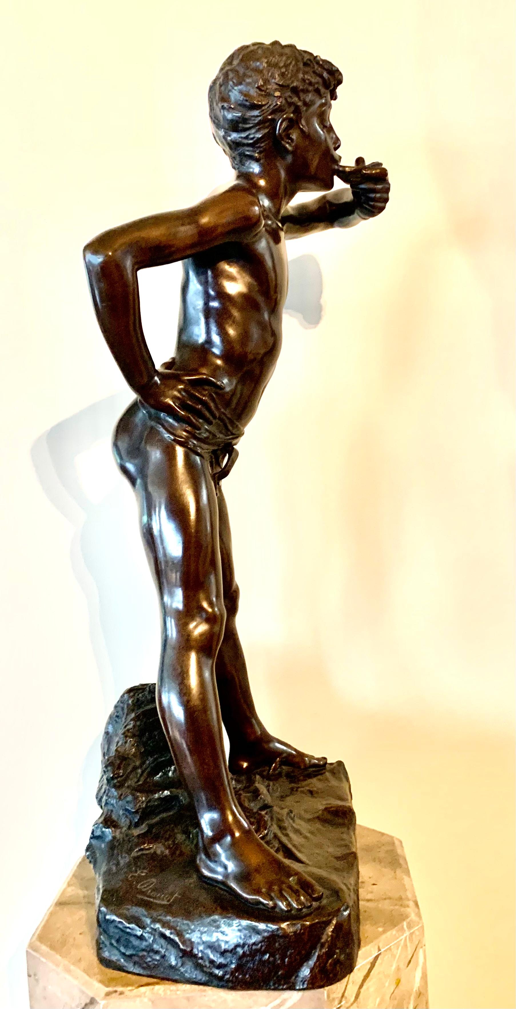 Edouard Drouot Antique Large Patinated Bronze Sculpture of Boy Eating an Oyster For Sale 1