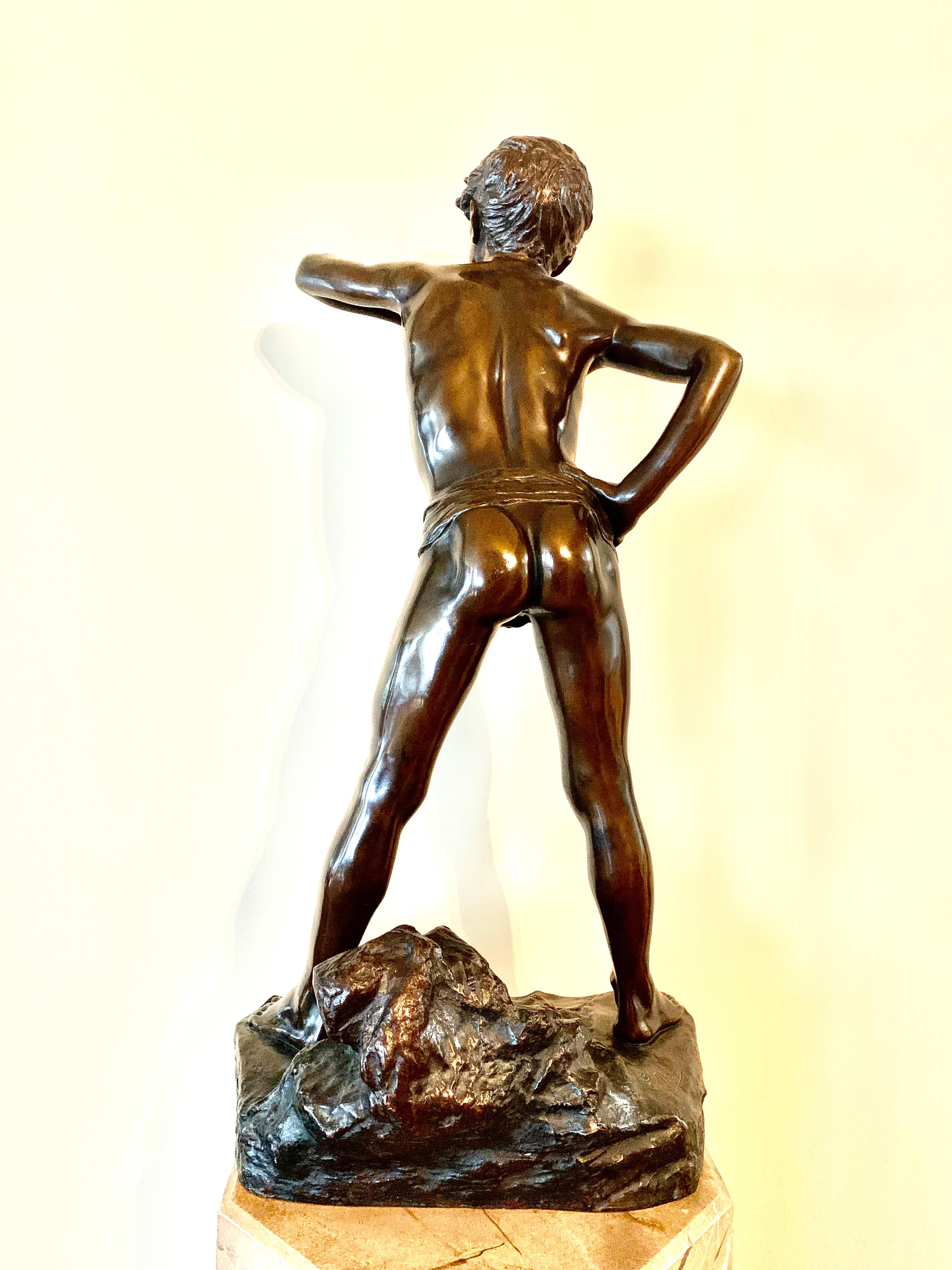 Edouard Drouot Antique Large Patinated Bronze Sculpture of Boy Eating an Oyster For Sale 3