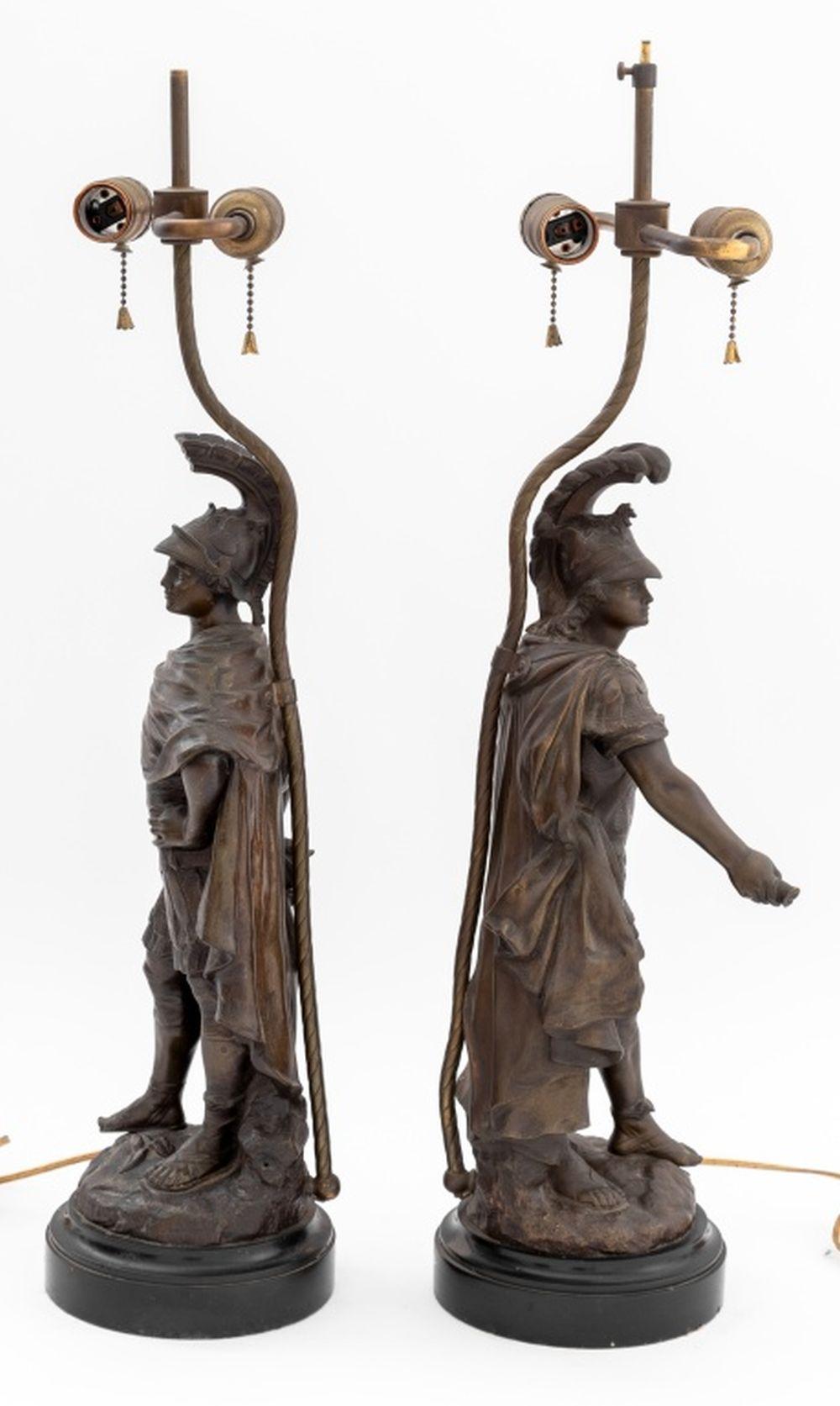 Patinated Edouard Drouot Bronze Mounted Lamps, Pair For Sale