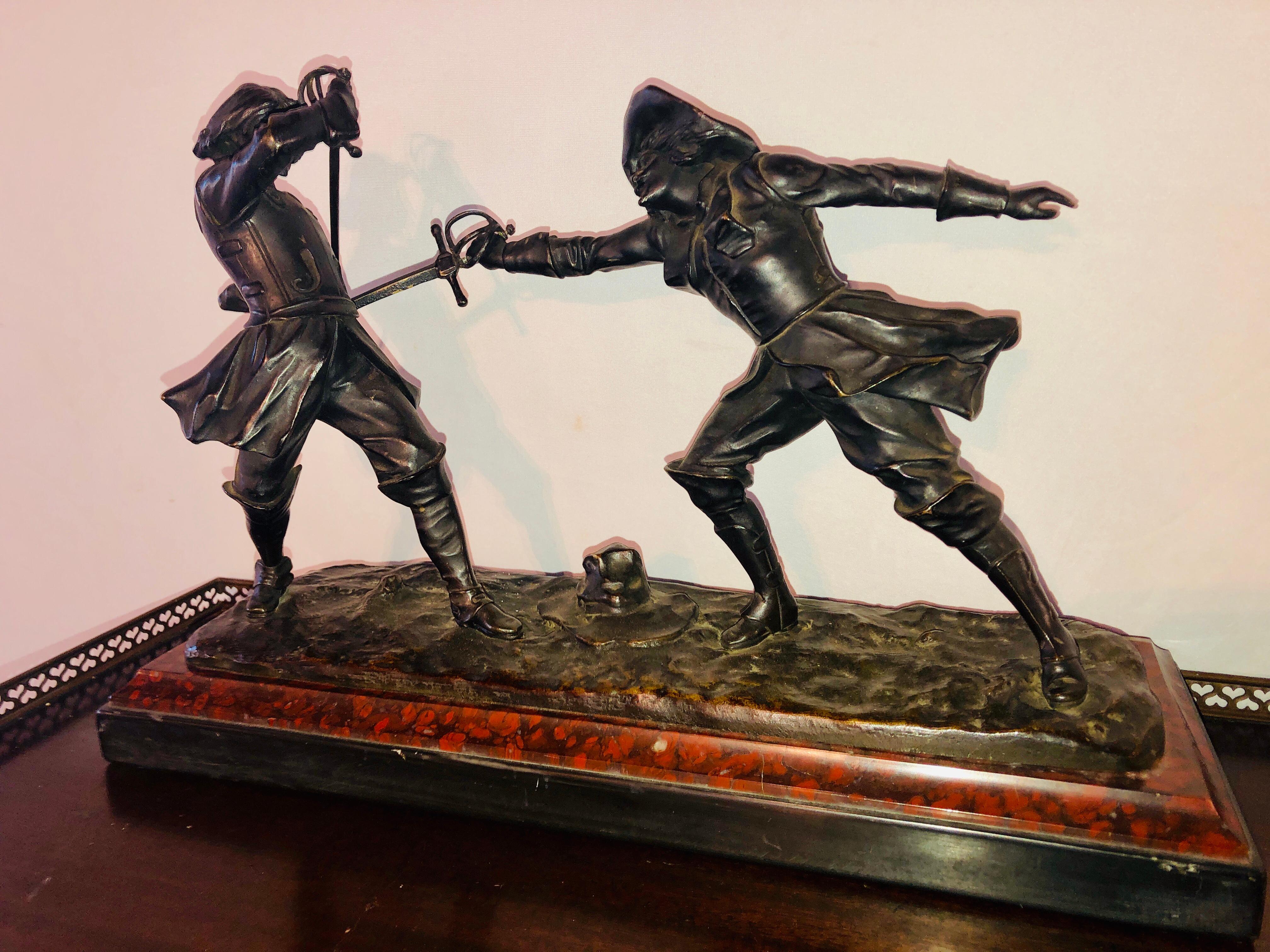 Belle Époque Edouard Drouot French Bronze Depicting Two Fencers on Marble Base