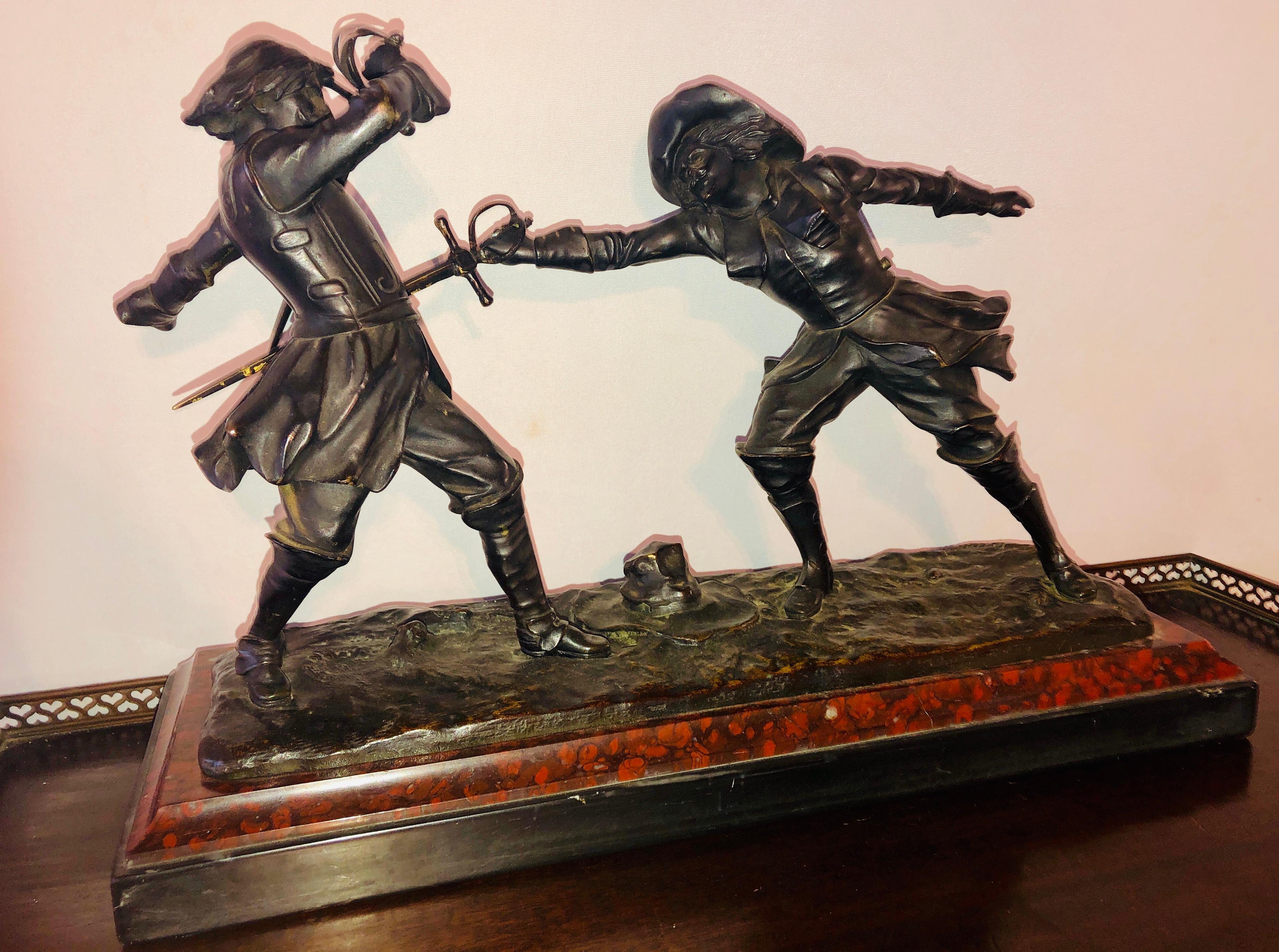 Edouard Drouot French Bronze Depicting Two Fencers on Marble Base In Good Condition In Stamford, CT
