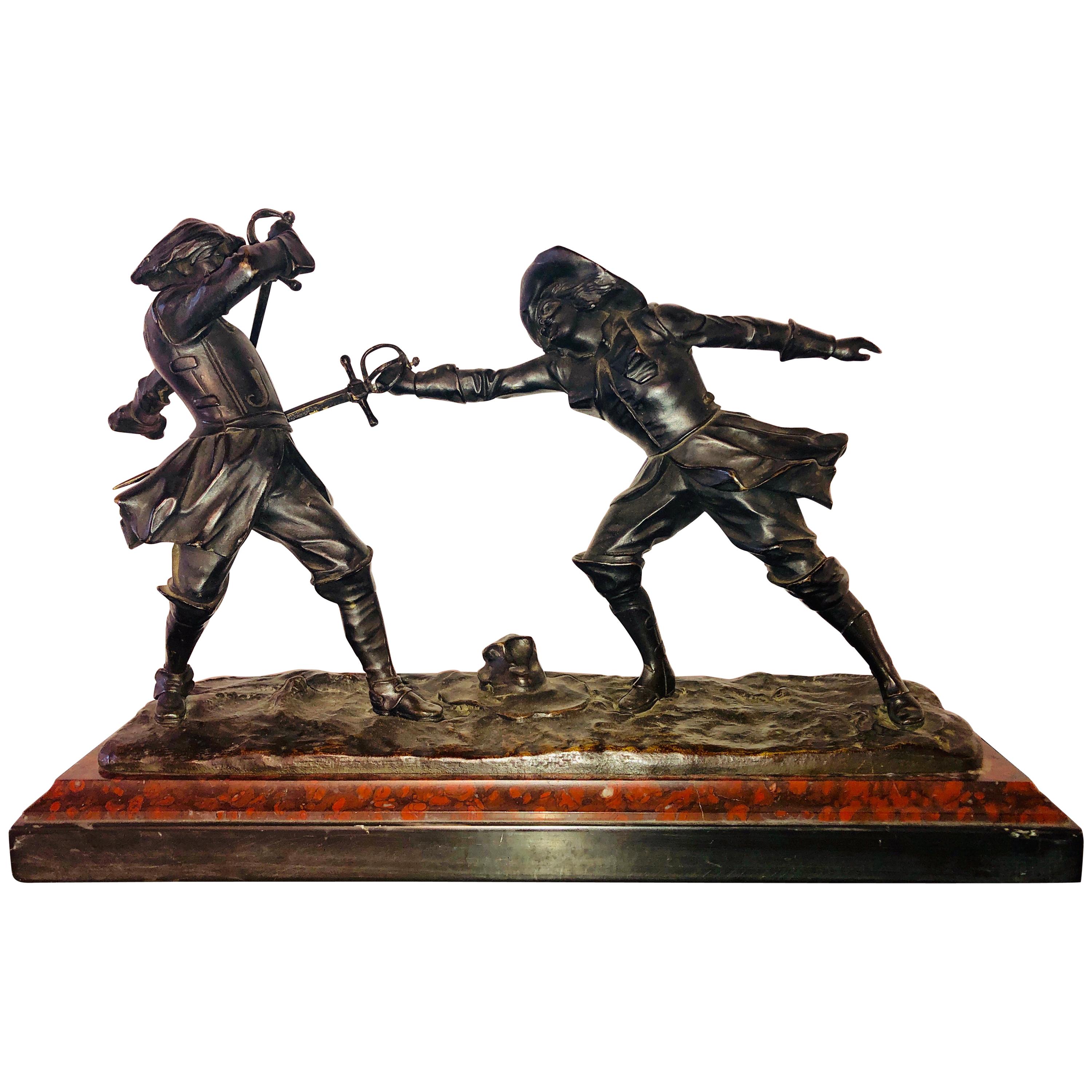 Edouard Drouot French Bronze Depicting Two Fencers on Marble Base