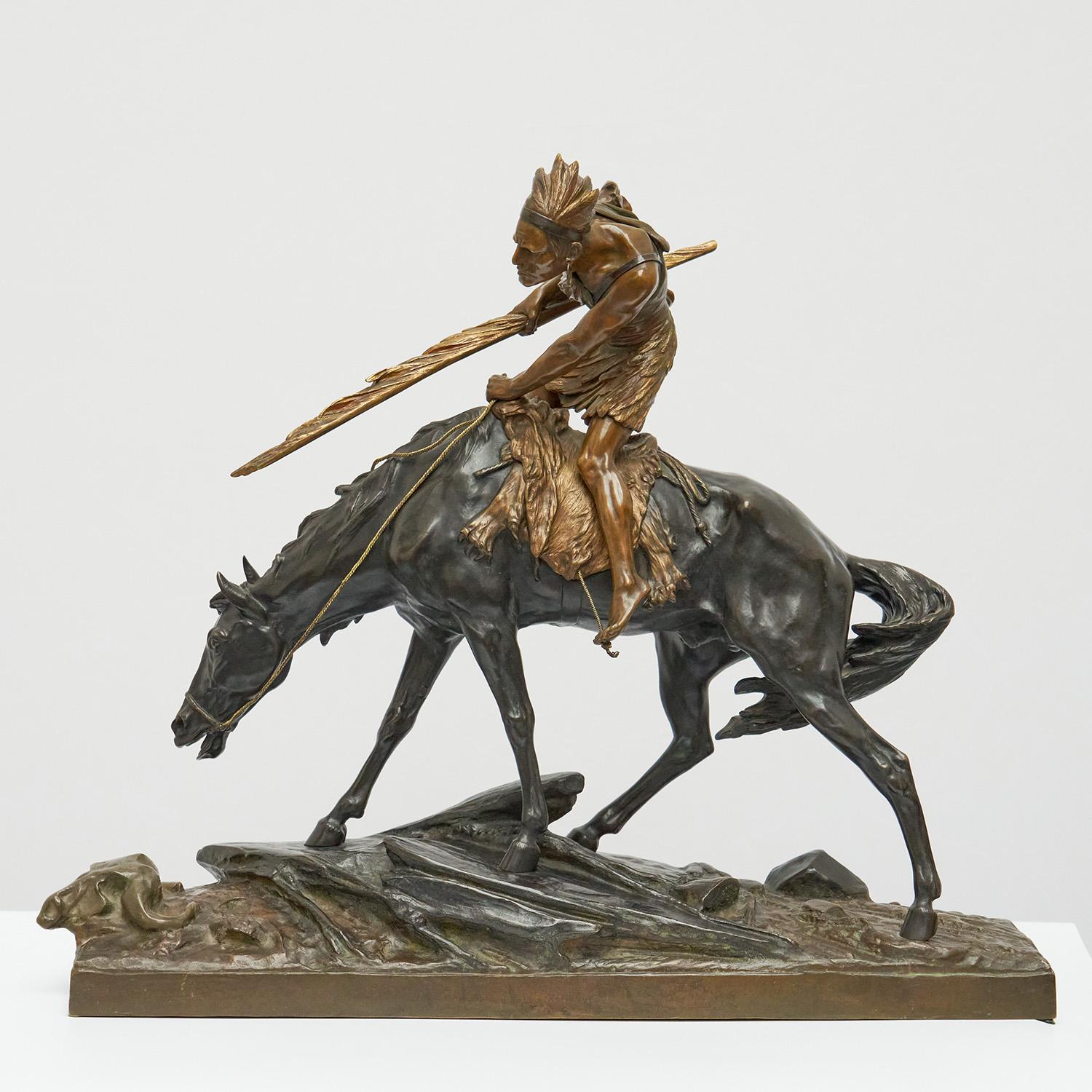 A patinated bronze sculpture of a Native American warrior on horseback by Èdouard Drouot (1859-1945). Signed E. Drouot to base with foundry 'Etling Paris' to side. 

Edouard Drouot was a French sculptor born in Sommervoire in the Haut Marne region