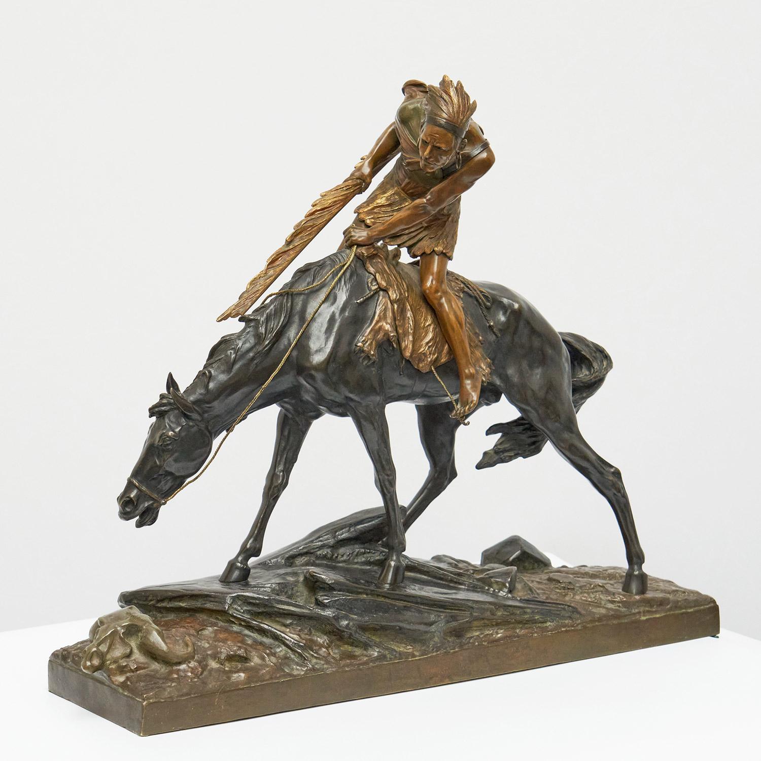 Art Deco Édouard Drouot 'Native American on Horseback' Early 20th Century Bronze
