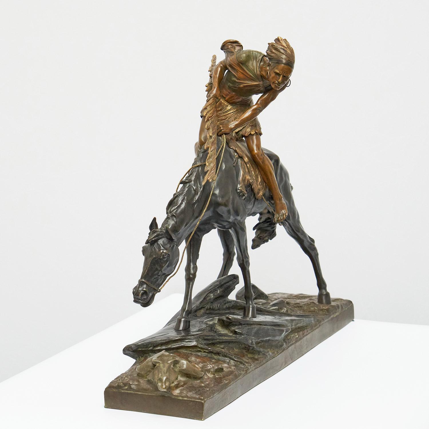 French Édouard Drouot 'Native American on Horseback' Early 20th Century Bronze