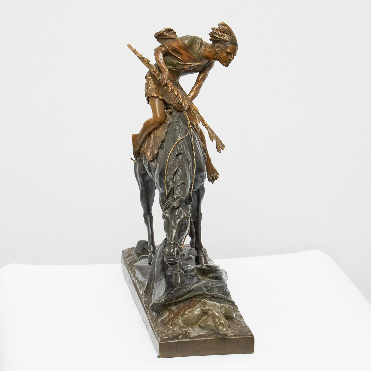 Édouard Drouot 'Native American on Horseback' Early 20th Century Bronze In Excellent Condition In Forest Row, East Sussex