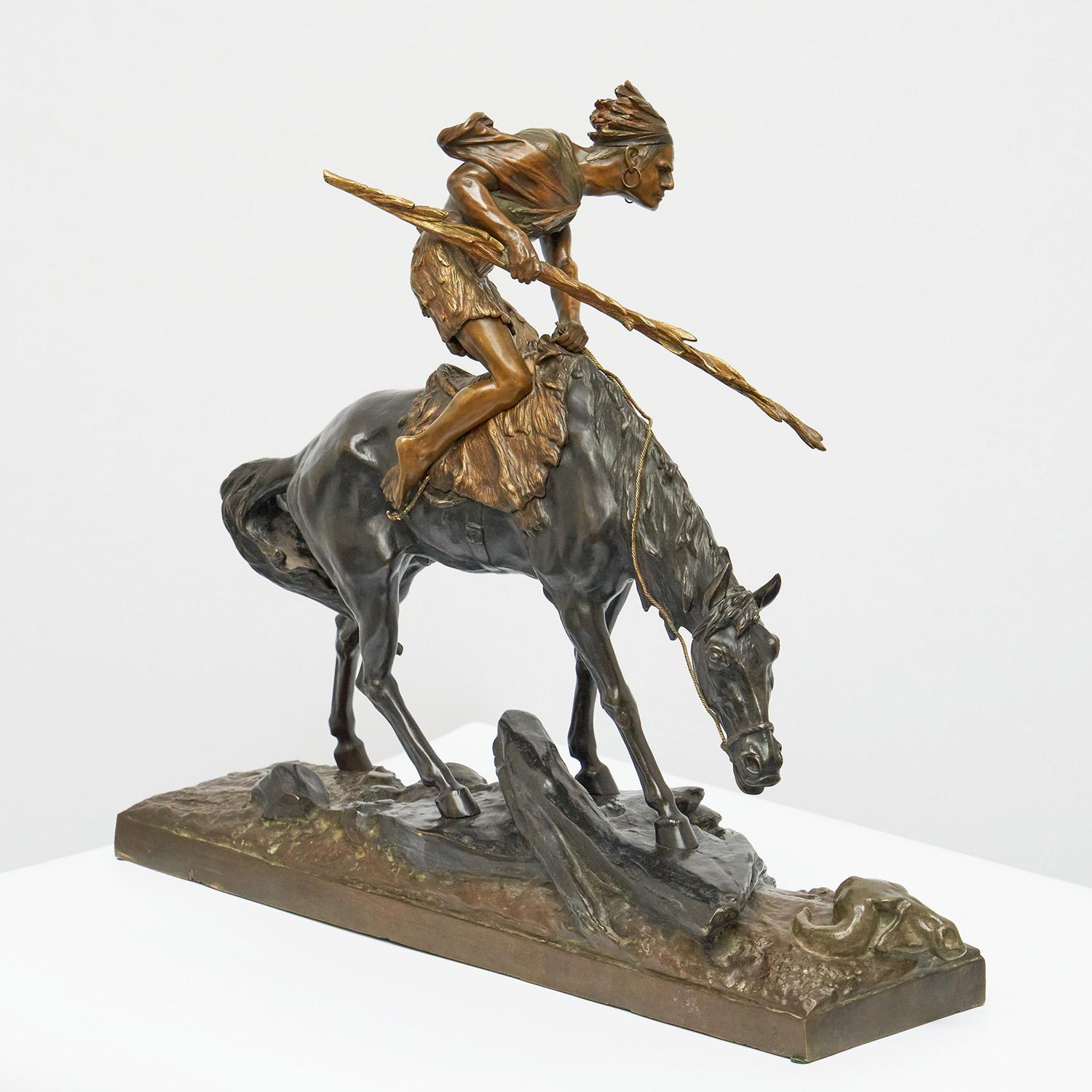 Édouard Drouot 'Native American on Horseback' Early 20th Century Bronze 1