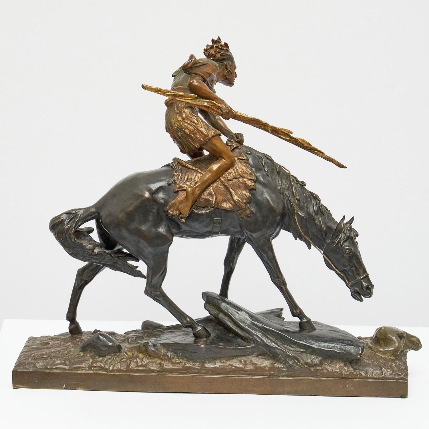 Édouard Drouot 'Native American on Horseback' Early 20th Century Bronze 2
