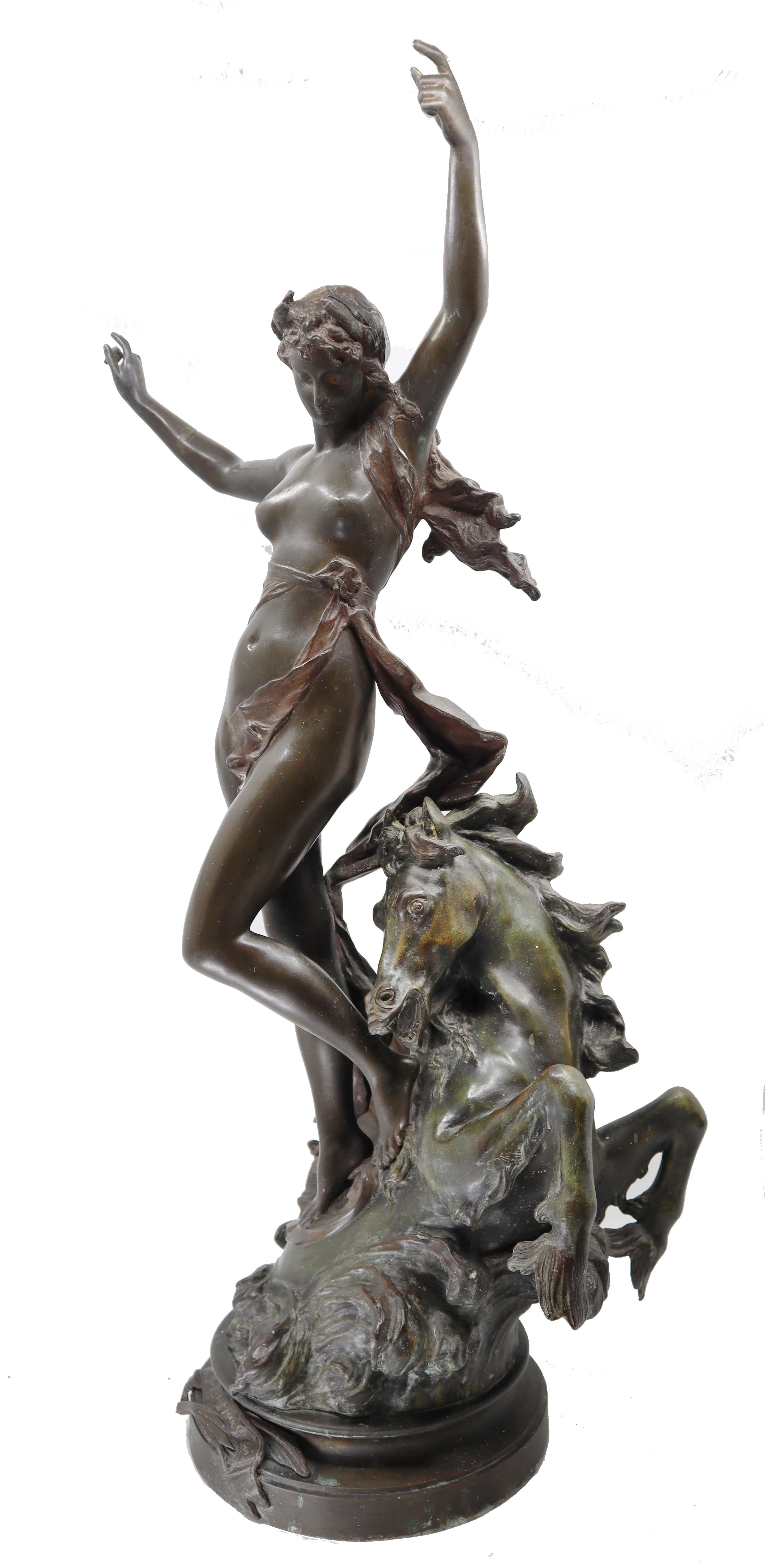 Bronze woman and horse in movement, Édouard Drouot,  19th century, French - Sculpture by Edouard Drouot