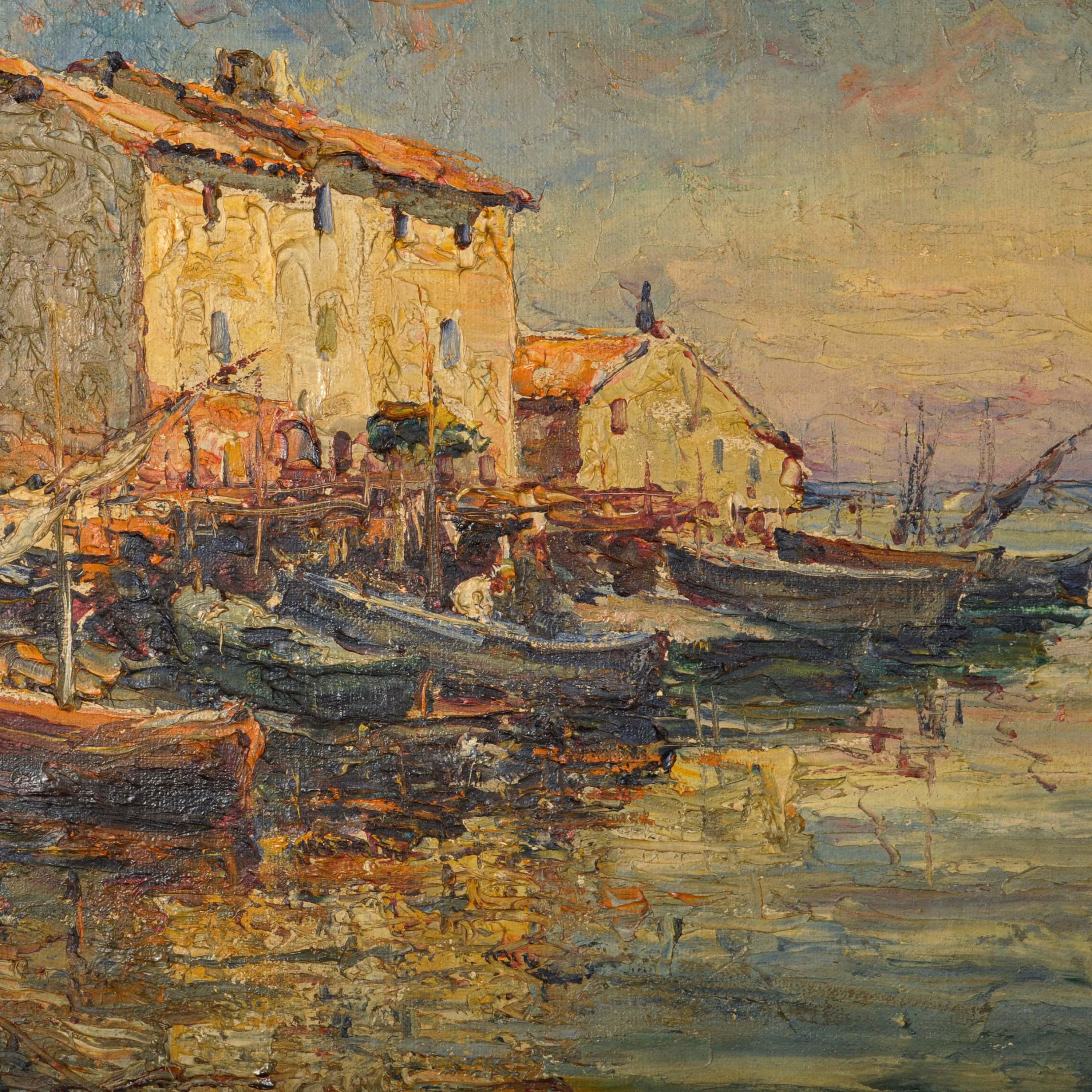 Edouard Ducros, toile à l'huile impressionniste française représentant des bateaux et une scène de port, Martigues 1930 9