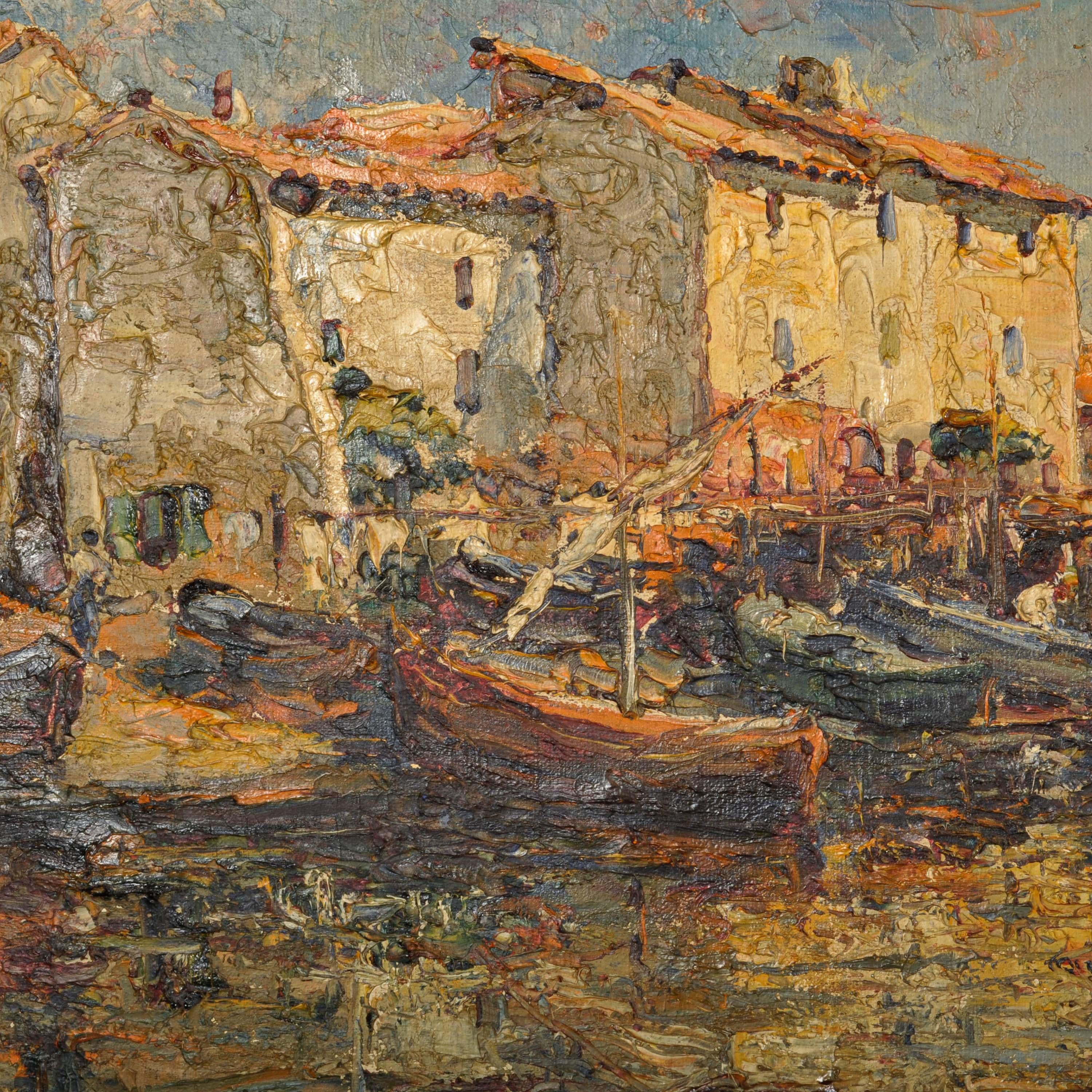 Edouard Ducros, toile à l'huile impressionniste française représentant des bateaux et une scène de port, Martigues 1930 10