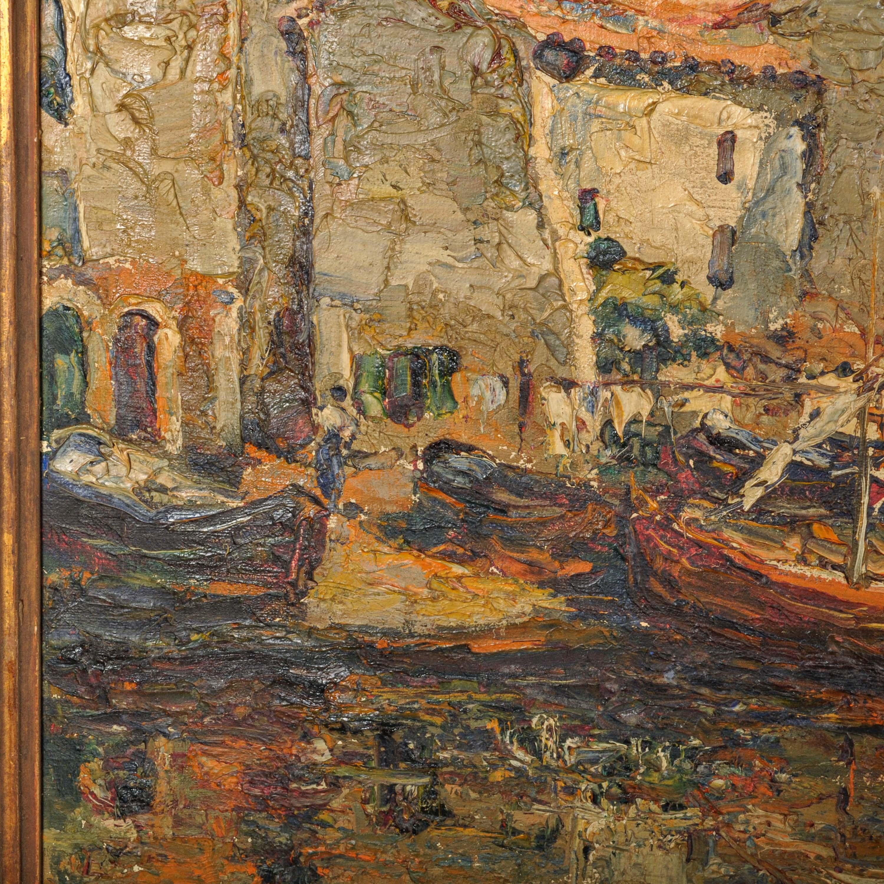 Edouard Ducros, toile à l'huile impressionniste française représentant des bateaux et une scène de port, Martigues 1930 11