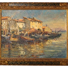 Edouard Ducros, toile à l'huile impressionniste française représentant des bateaux et une scène de port, Martigues 1930