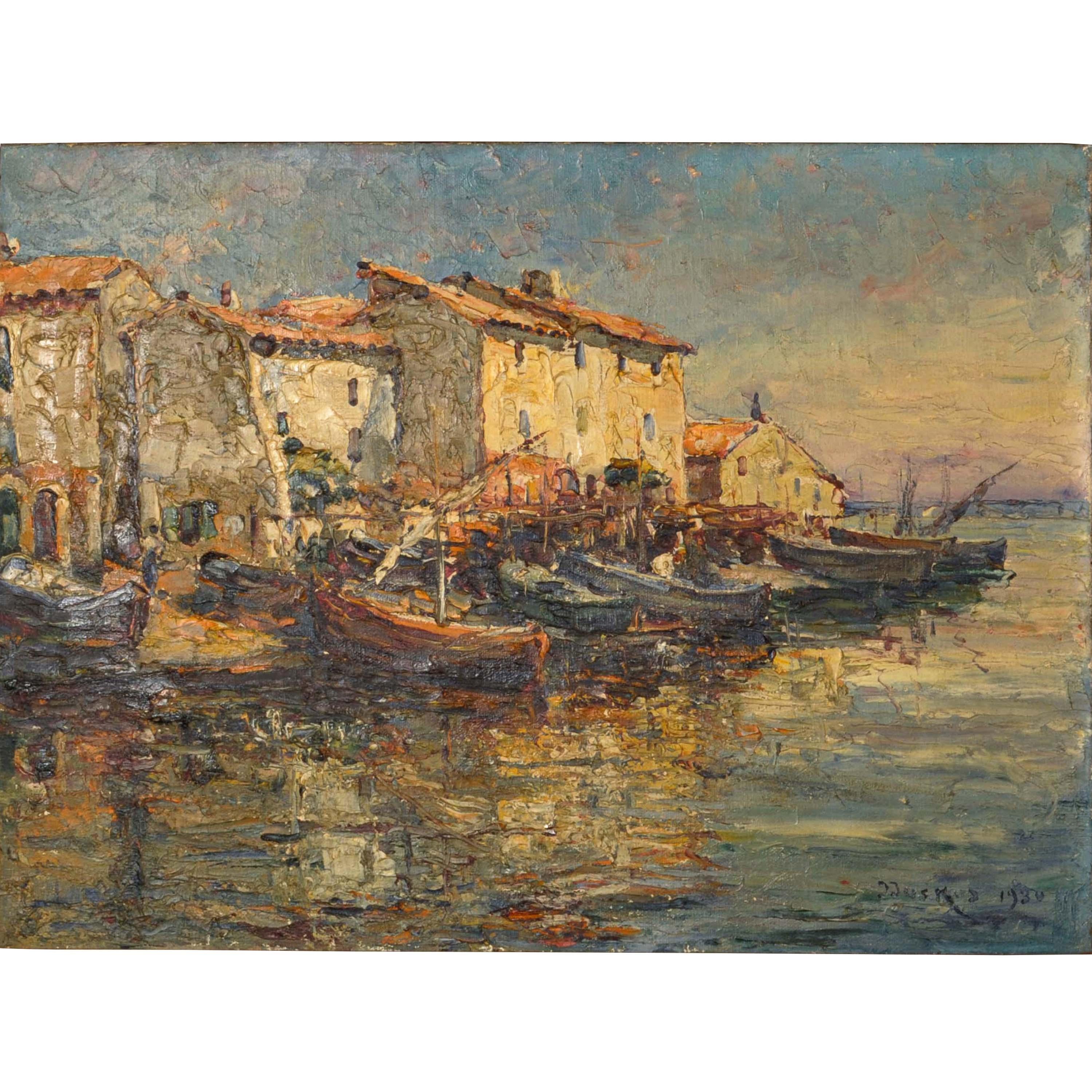 Edouard Ducros, toile à l'huile impressionniste française représentant des bateaux et une scène de port, Martigues 1930 2