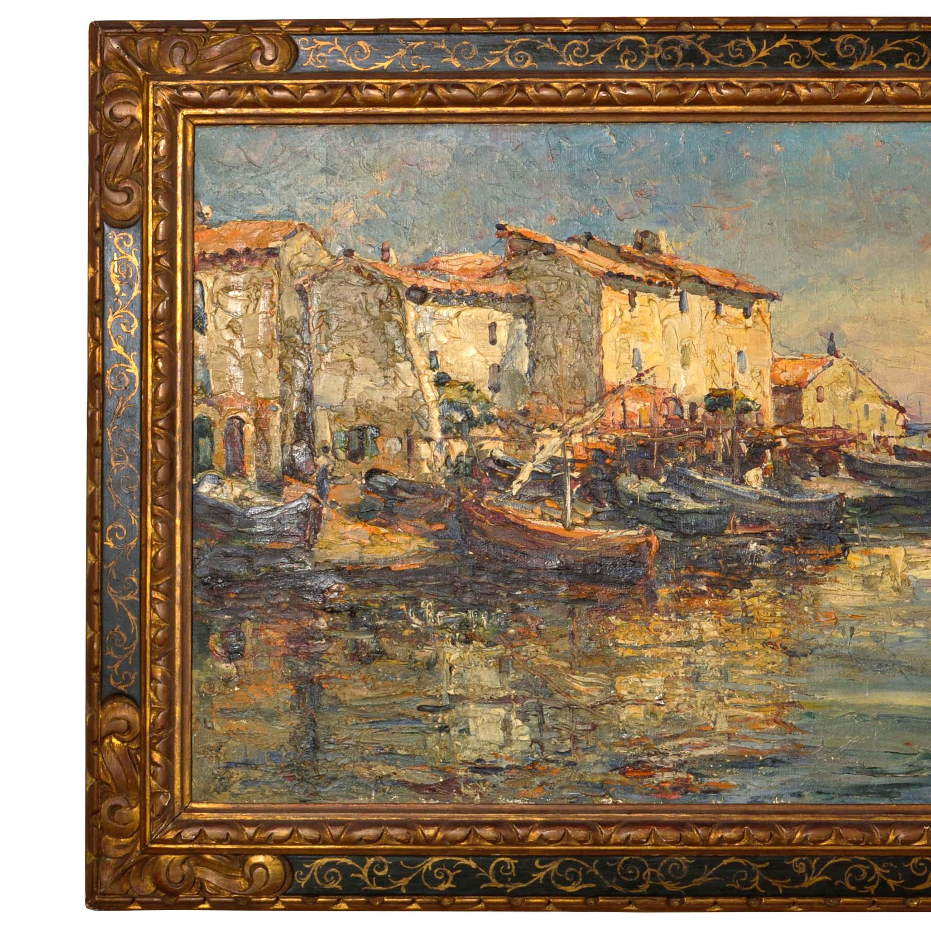 Edouard Ducros, toile à l'huile impressionniste française représentant des bateaux et une scène de port, Martigues 1930 3