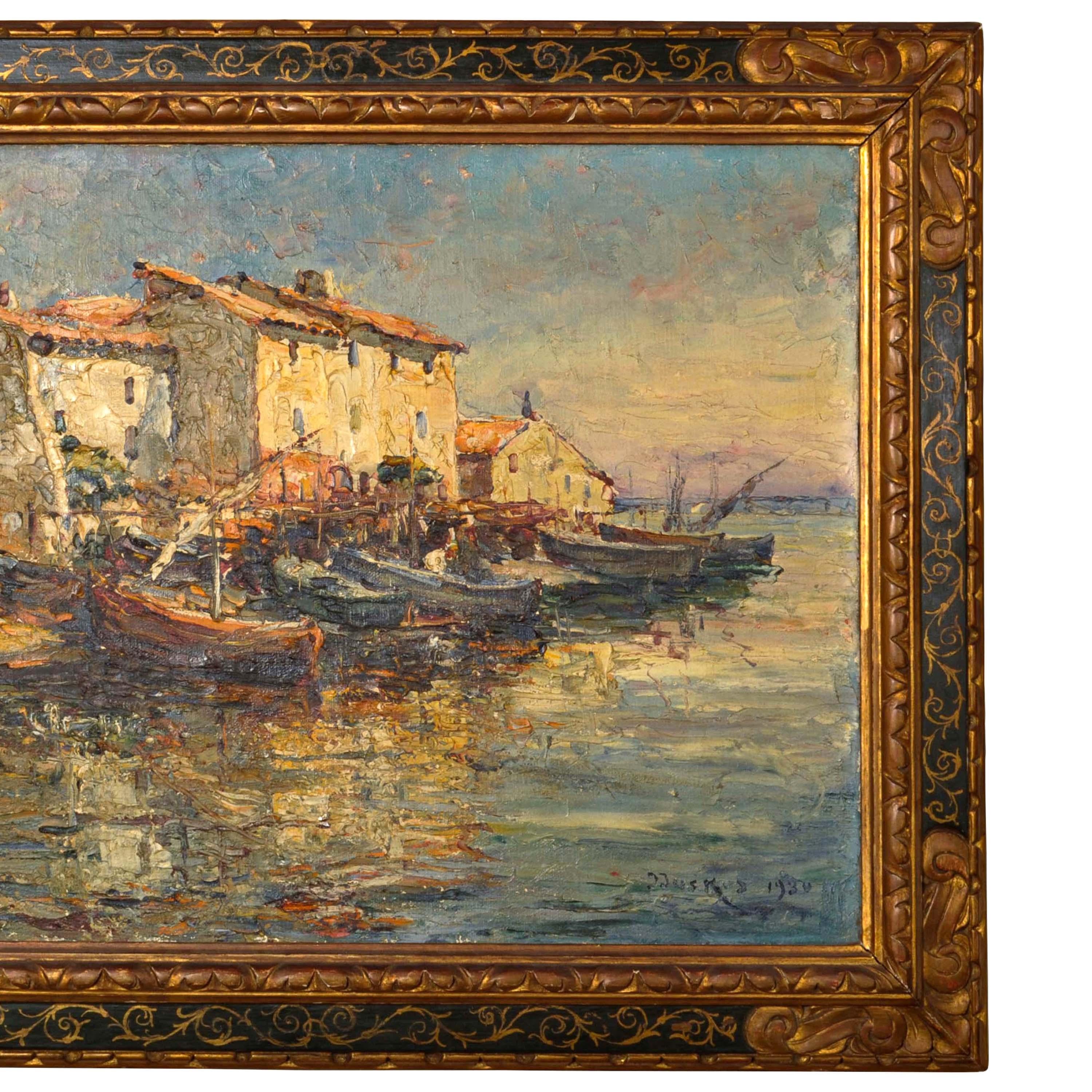 Edouard Ducros, toile à l'huile impressionniste française représentant des bateaux et une scène de port, Martigues 1930 4