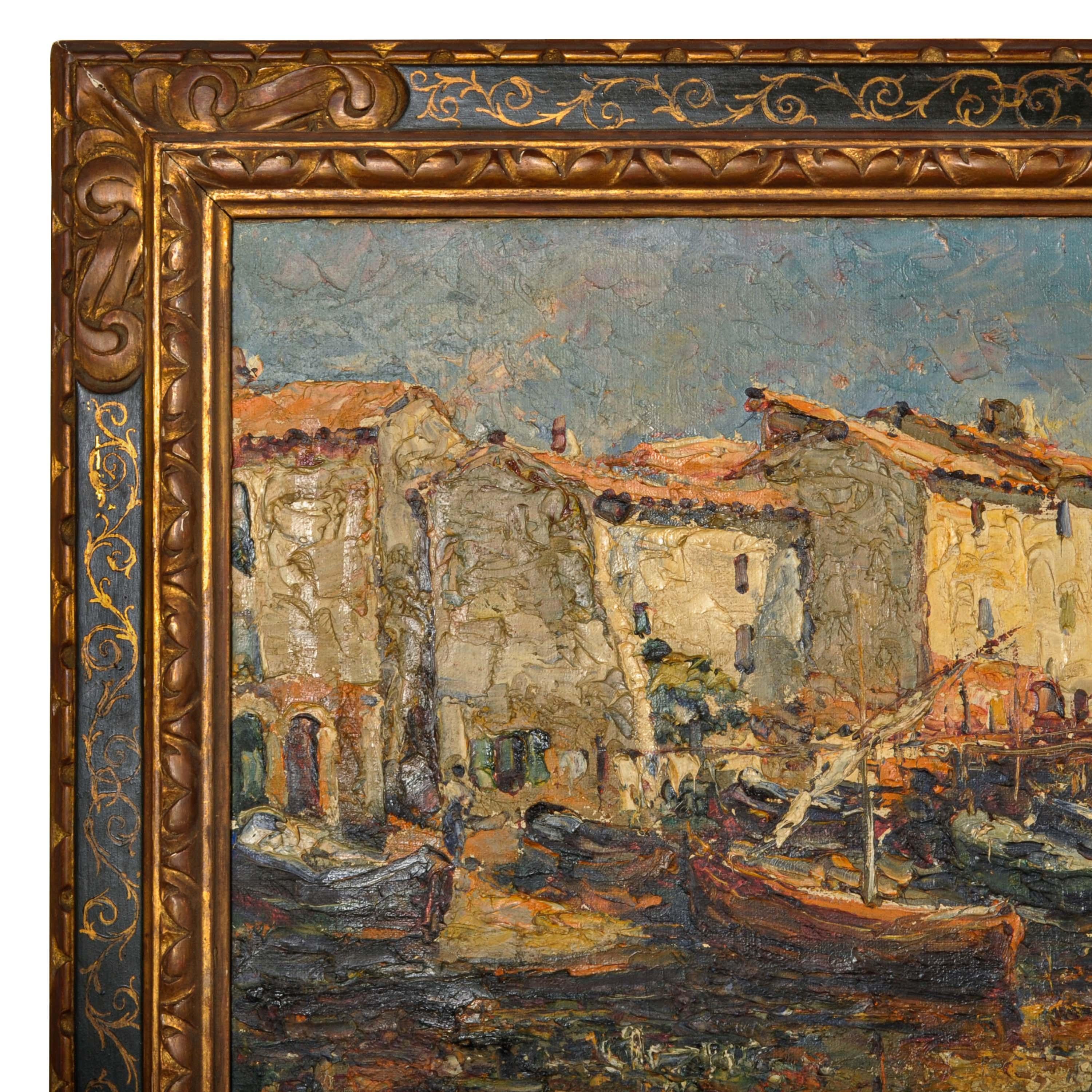 Edouard Ducros, toile à l'huile impressionniste française représentant des bateaux et une scène de port, Martigues 1930 5